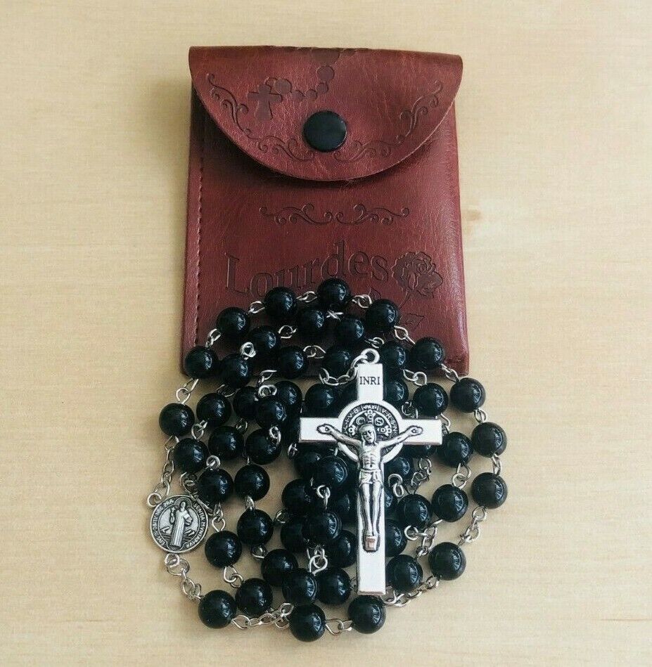 Handmade Catholic Rosary, Saint Benedict Medal and Cross Crucifix, Lourdes Pouch