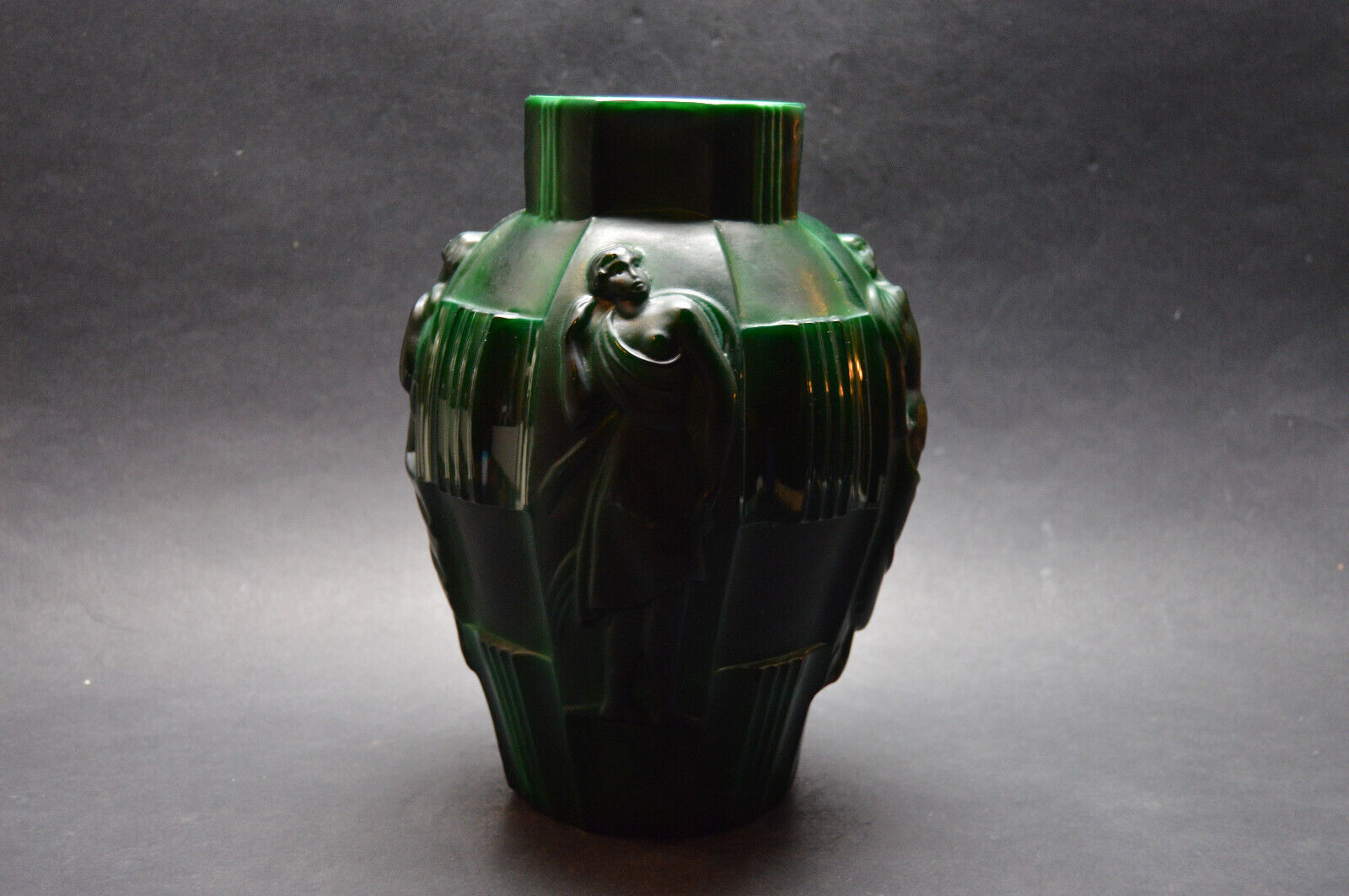 Antique Czech Art Deco Malachite Glass Vase with Danci Figures\'s, Curt Schlevogt