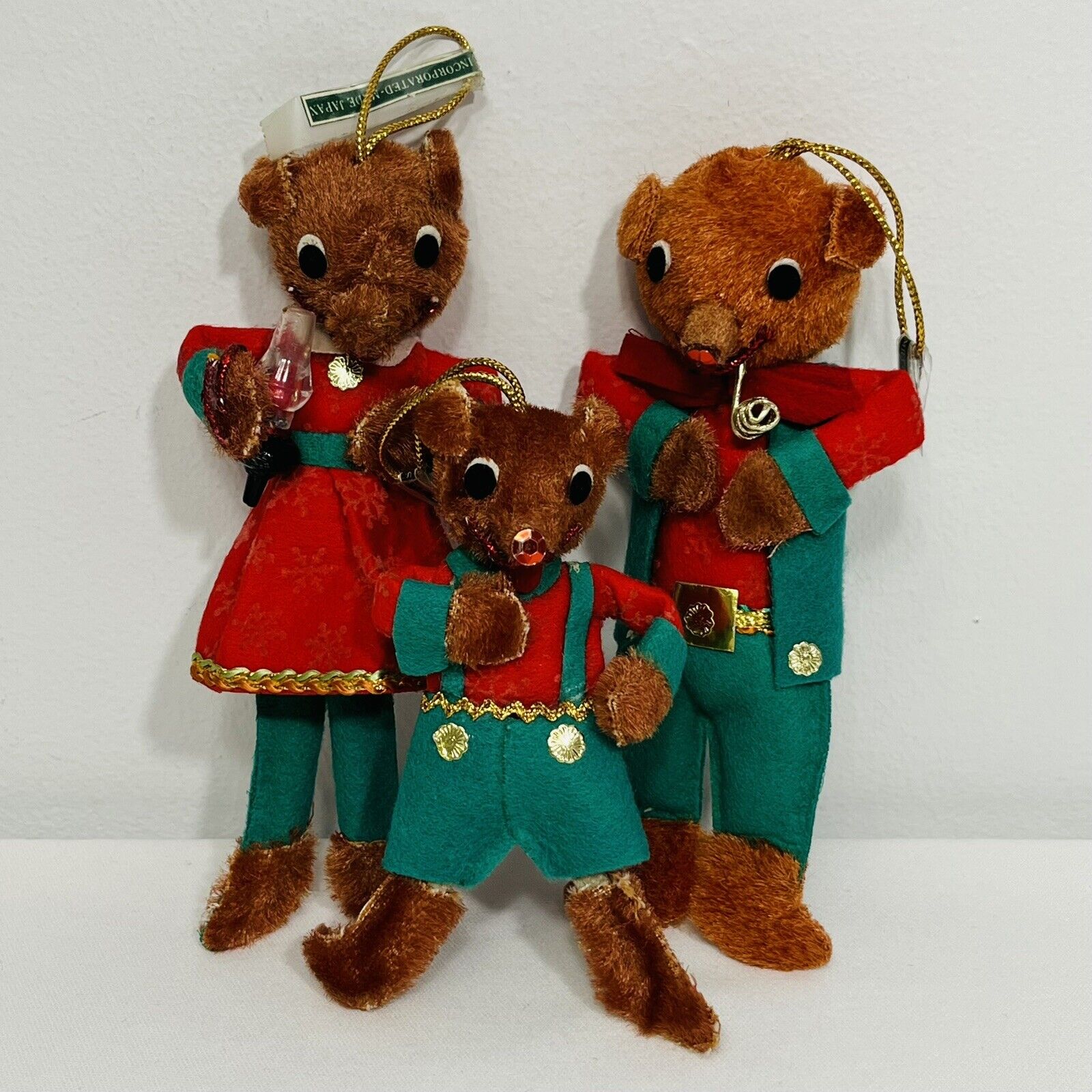 Vintage Mr. Christmas Ornament Lot of 3 Bear Family Felt Fur Kitschy 1968 Japan