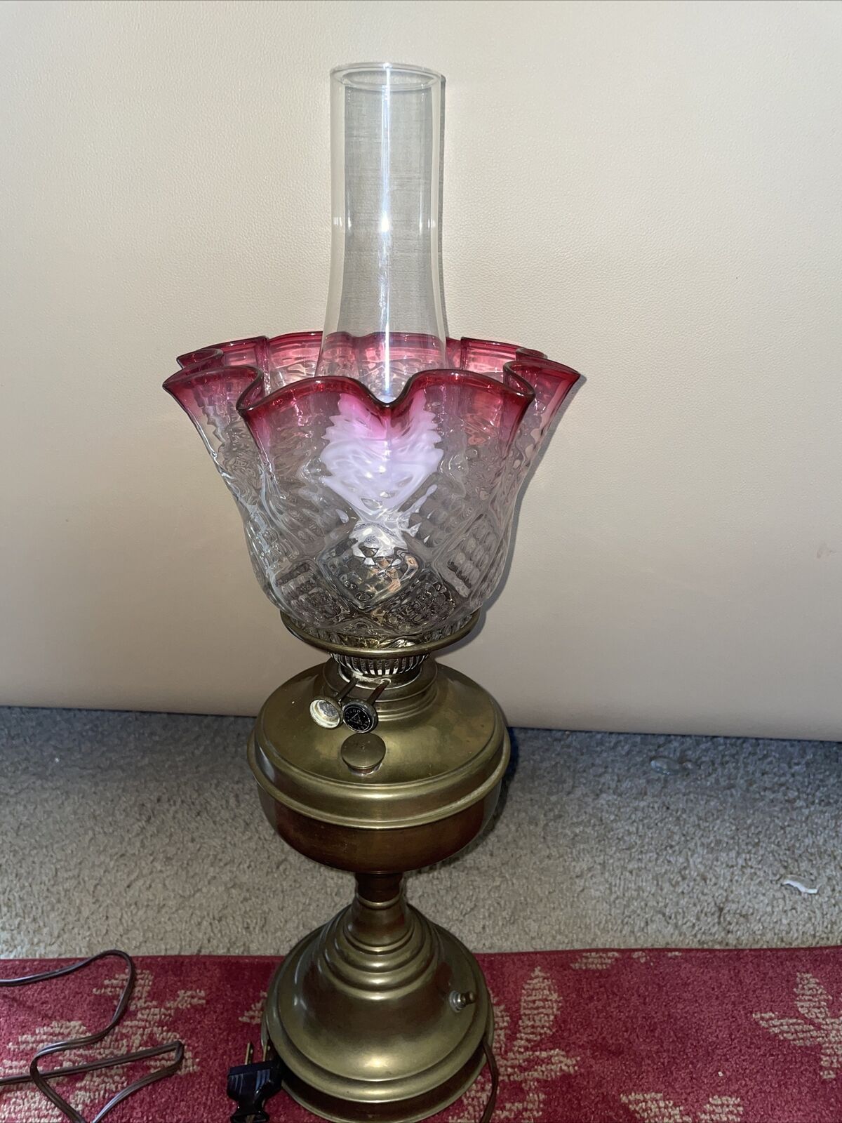 Victorian Oil Lamp With Cranberry Glass Shade And Silver Plated Body Converted