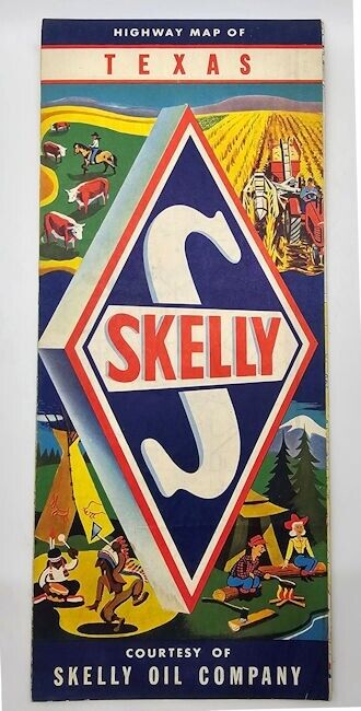 Vintage 1950's Skelly Oil Company folding TEXAS ROAD MAP