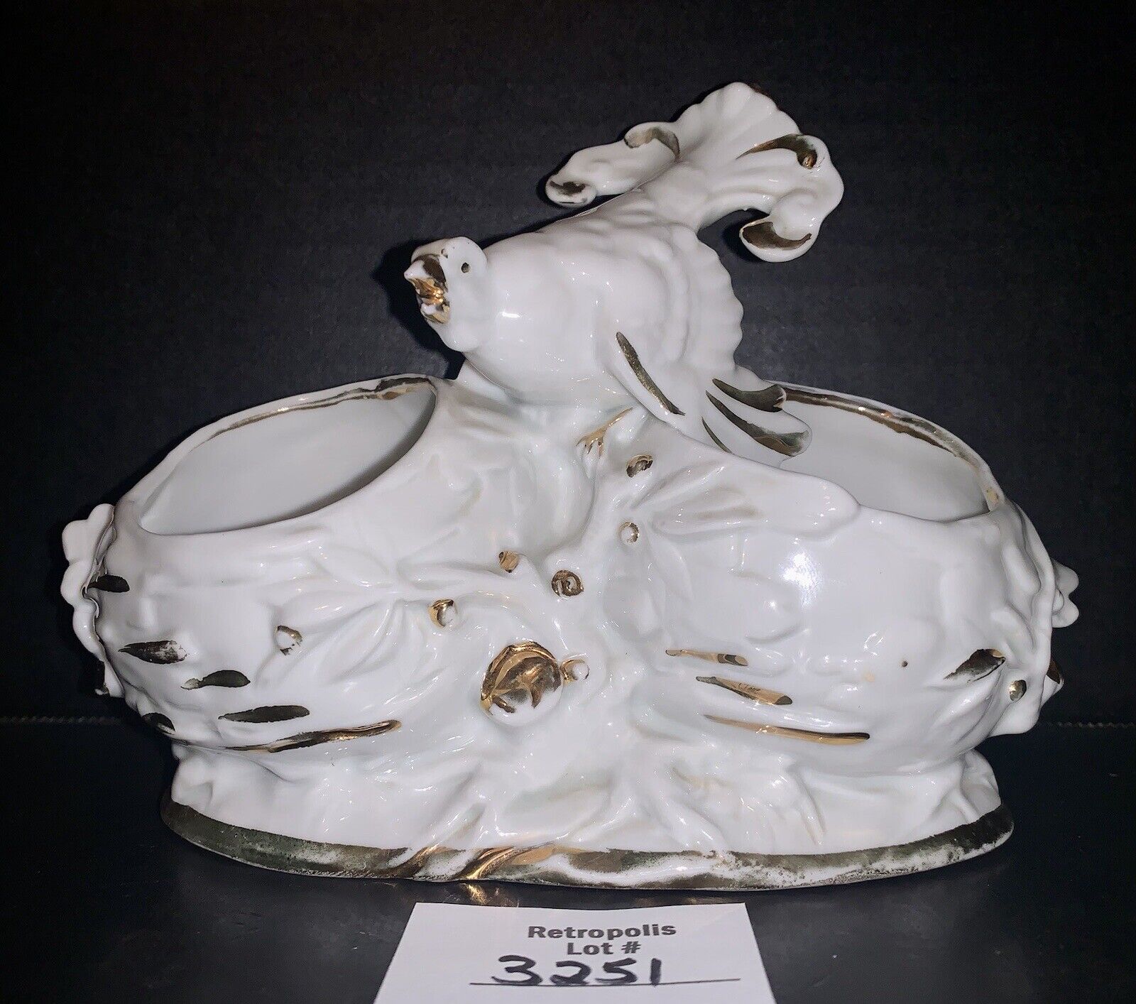 White Ceramic Bird Double Planter Gold Trim Vintage Germany