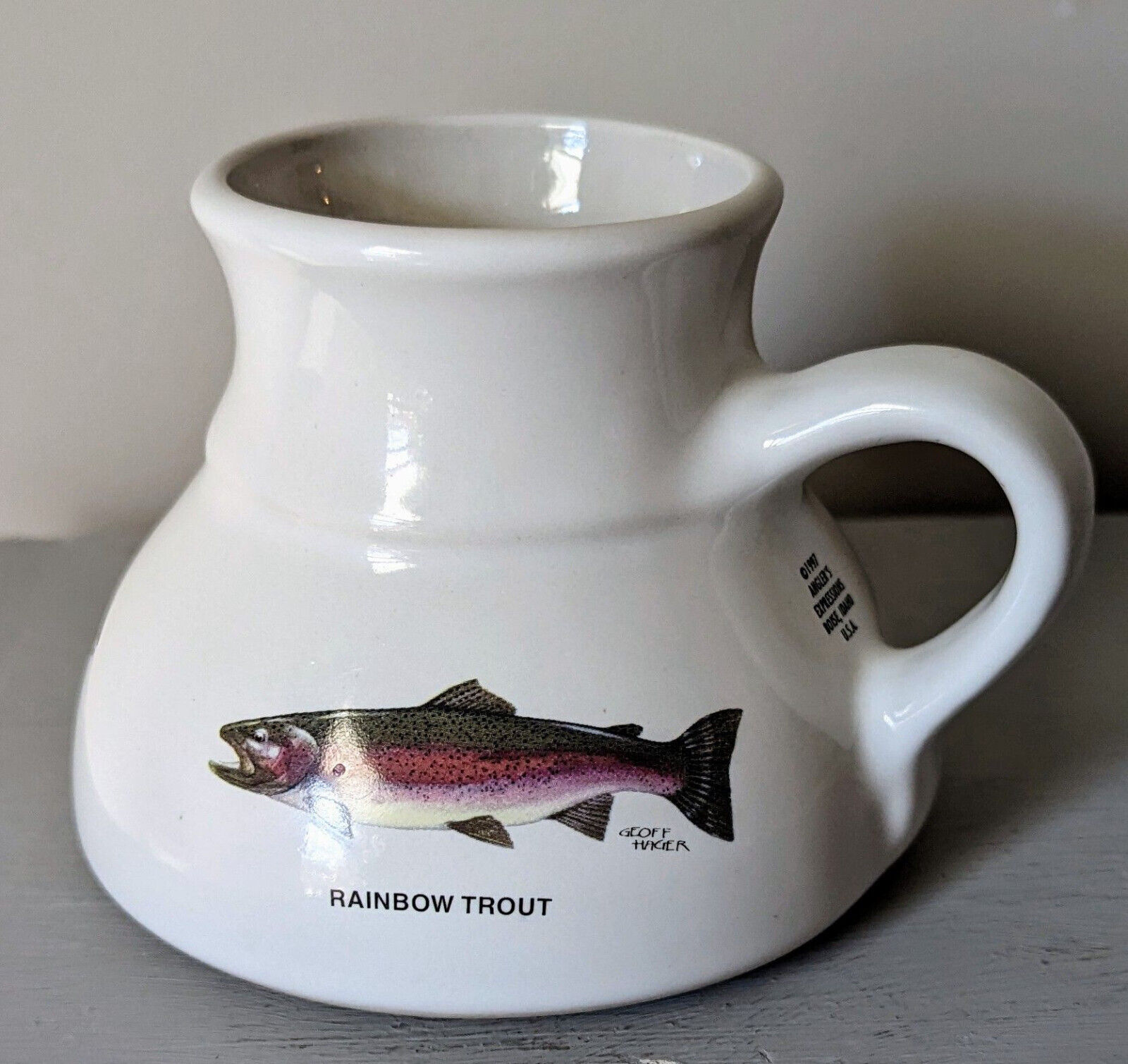 ANGLER'S EXPRESSIONS Boise, Idaho 1997 Trout NO SPILL Mug, Artist - Geoff Hager 