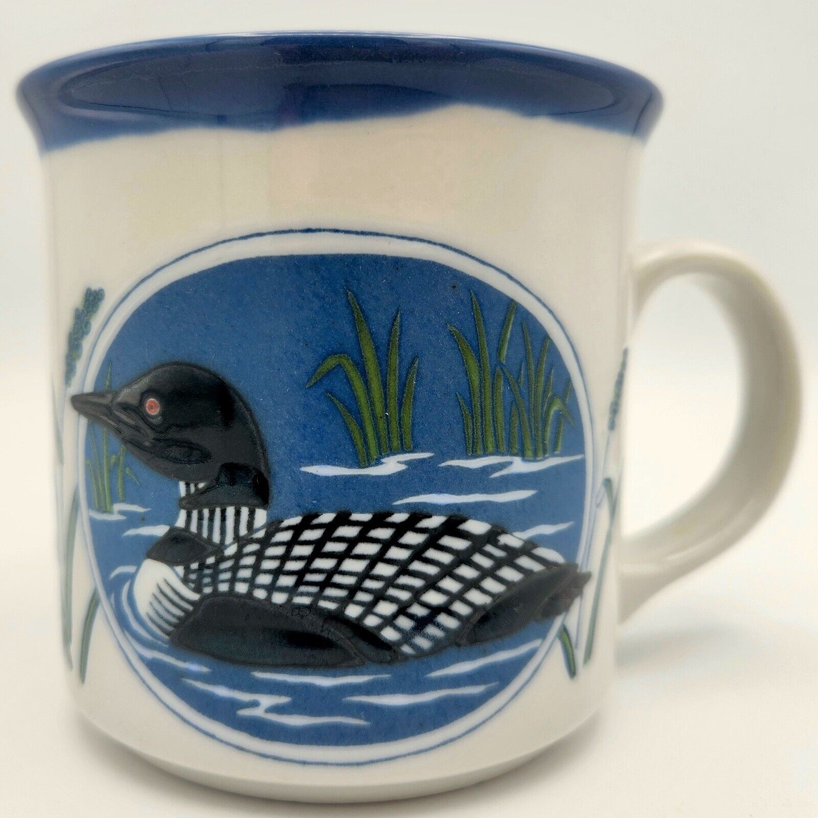 Otagiri Japan Loon Swimming in Marsh Coffee Mug Ceramic White Blue Interior VTG