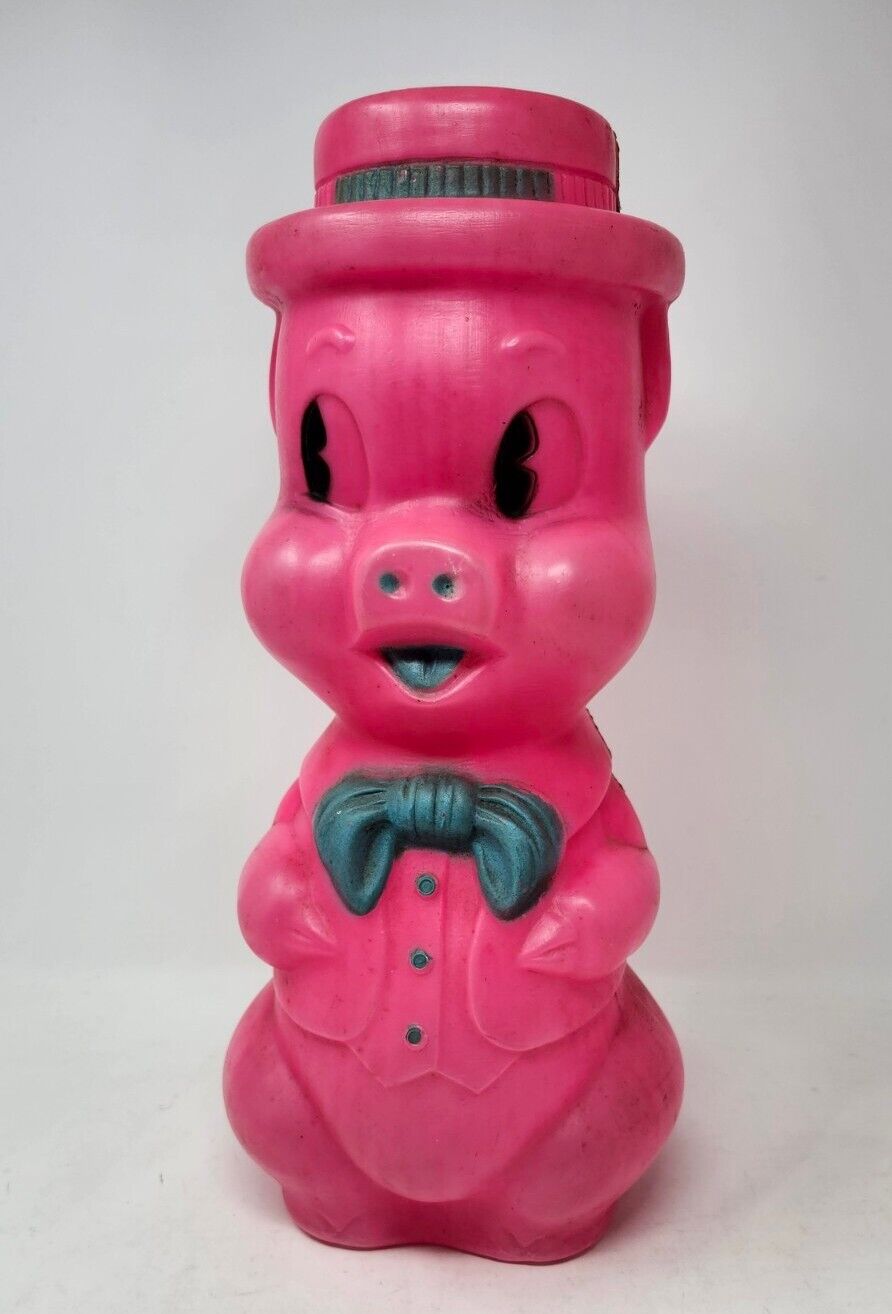 Vintage 1964 AJ Renzi Coin Bank Hot Pink Piggy Pig Plastic Blow Mold Bow Tie USA
