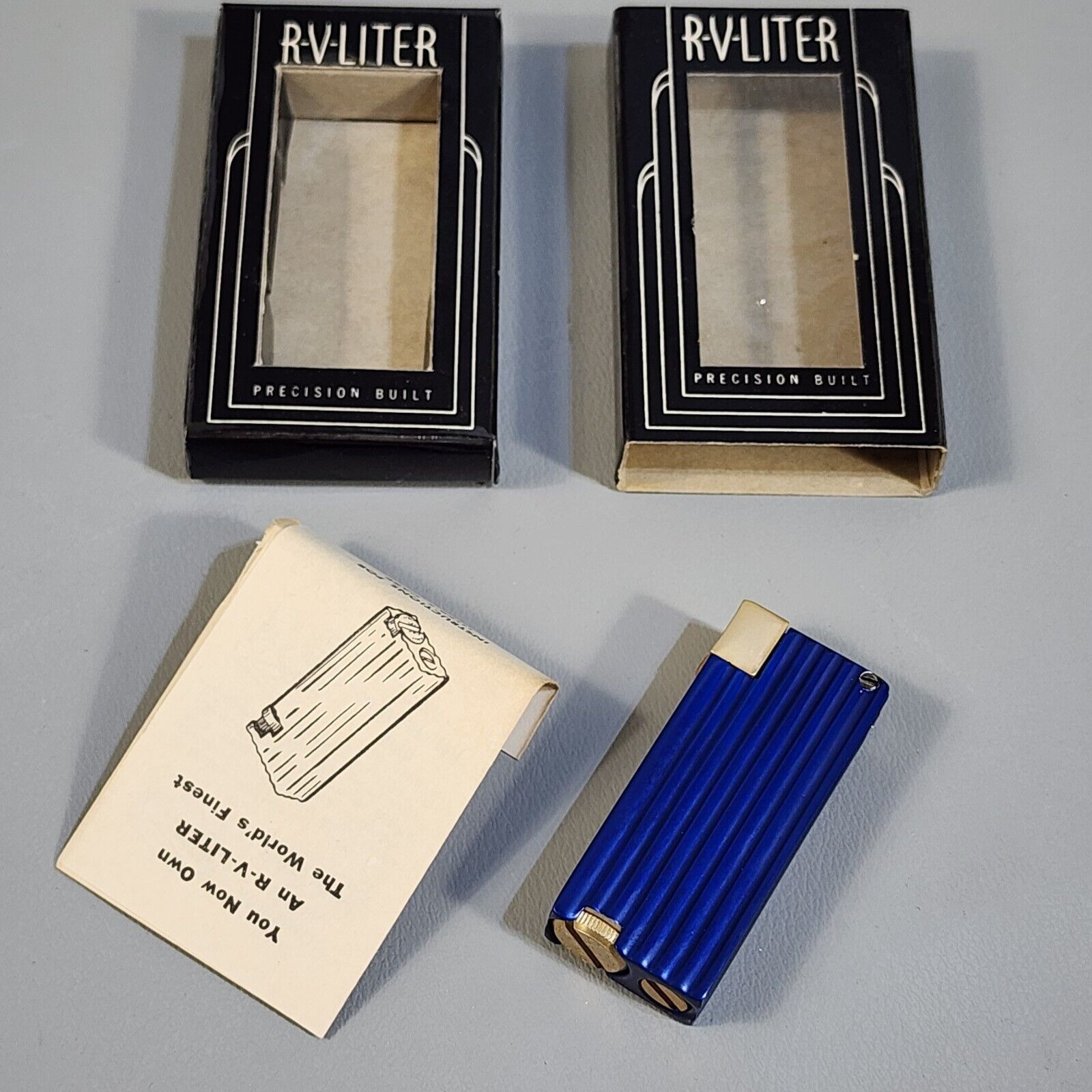 Vintage Arvey Corporation R V Liter Art Deco Flint Fluid Lighter Blue Brass
