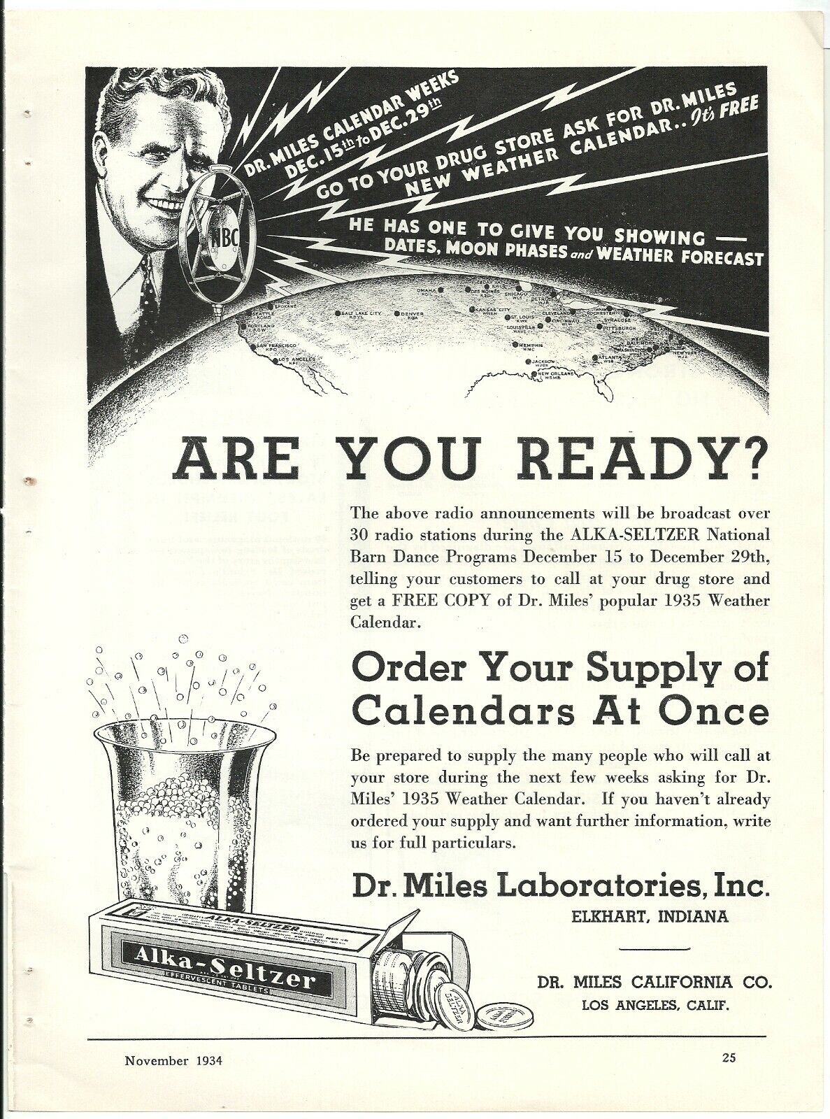 1934 ALKA-SELZER AD~Dr Miles Weather Calendar Offer~NATIONAL BARN DANCE~Scholl\'s