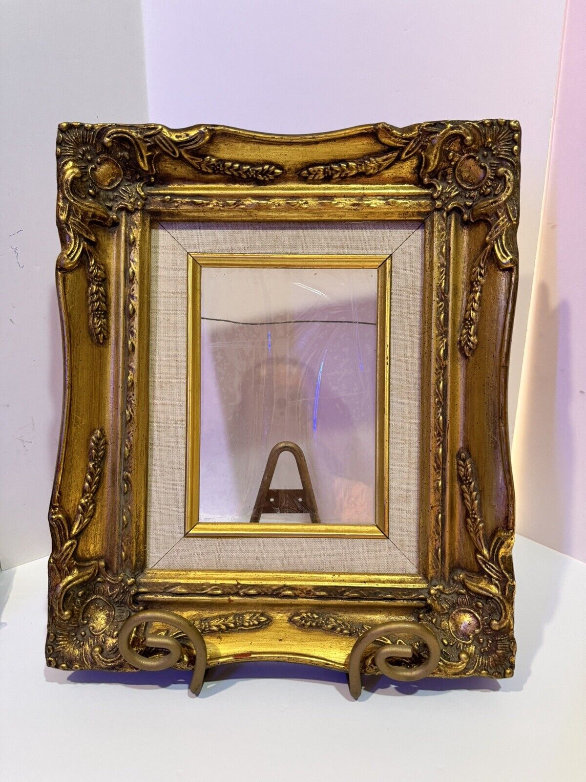 Vintage Gold Gilded Ornate Frame Has Glass & Linen Style Matting 12.75”x10.75”