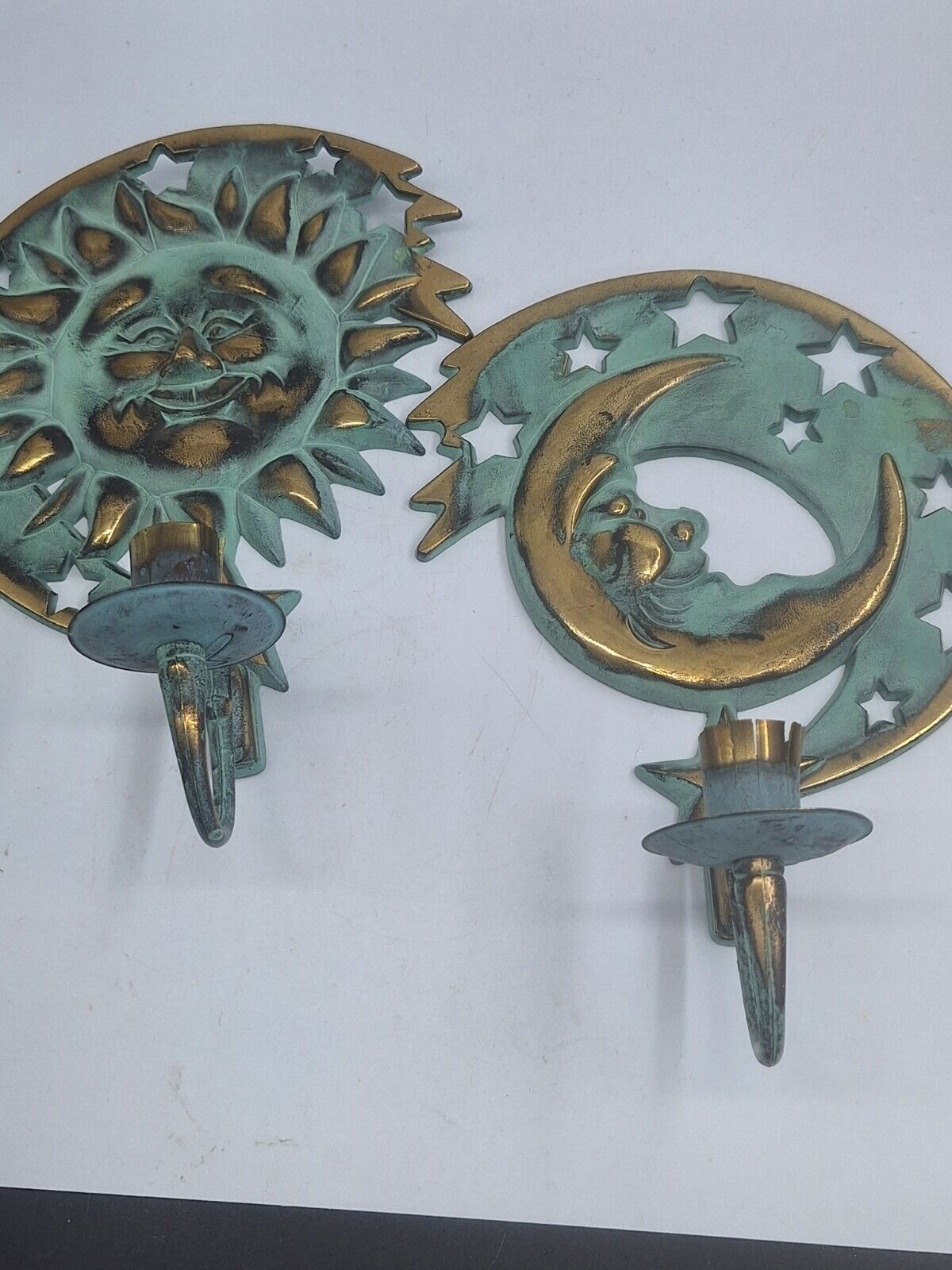 Sun & Moon Celestial Wall Sconce Candle Holder Set Rustic Green 1994 PartyLite