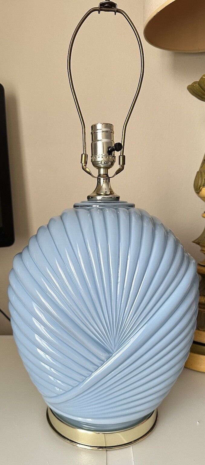 1980's Art Deco Revival Pleated Draped Sea Shell Blue Glass Table Lamp 13”