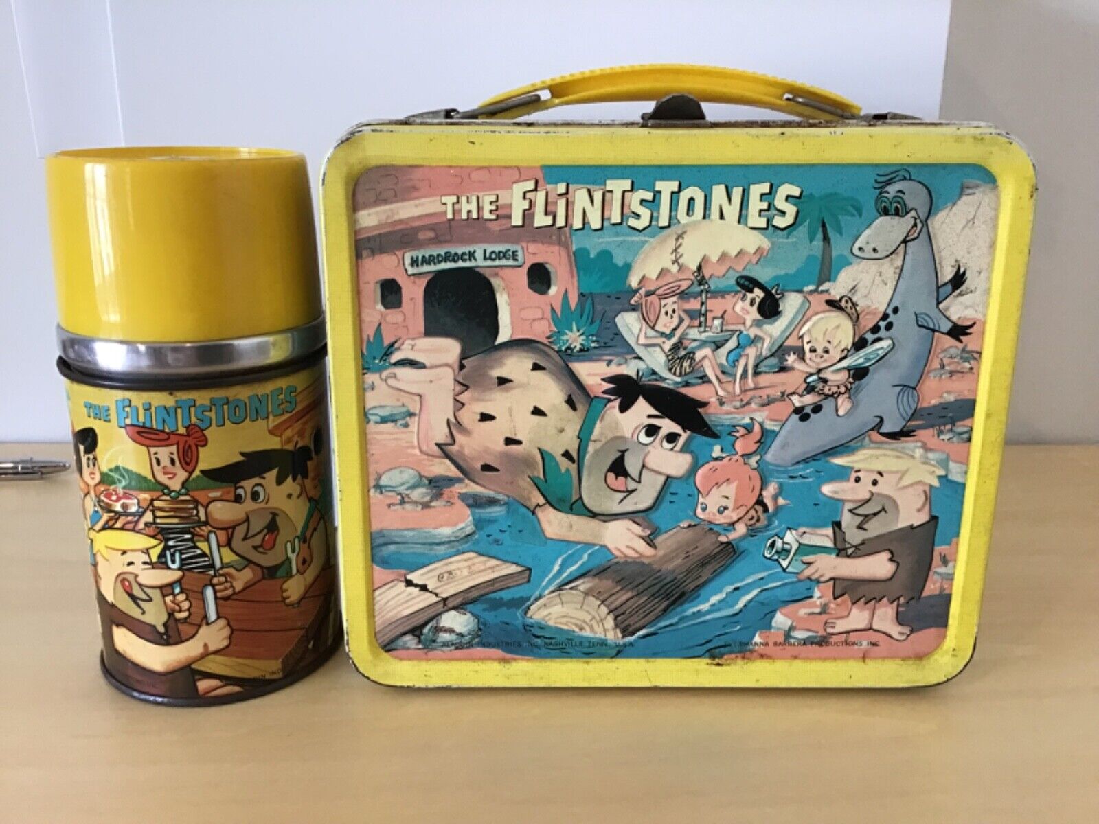 The Flintstones 1964 Aladdin lunchbox and bottle.