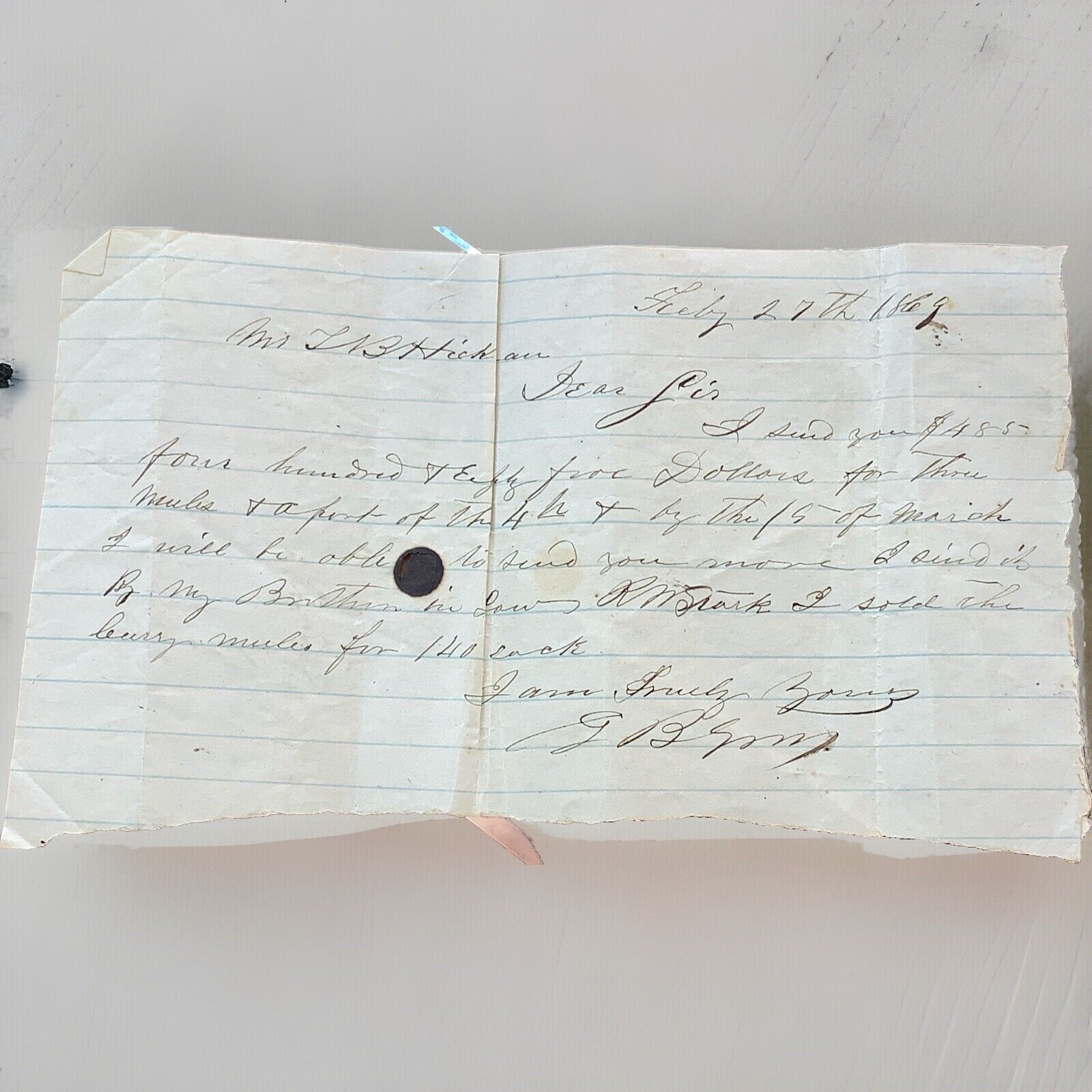 1869 handwritten receipt invoice for Military Army Mules Vintage Paper