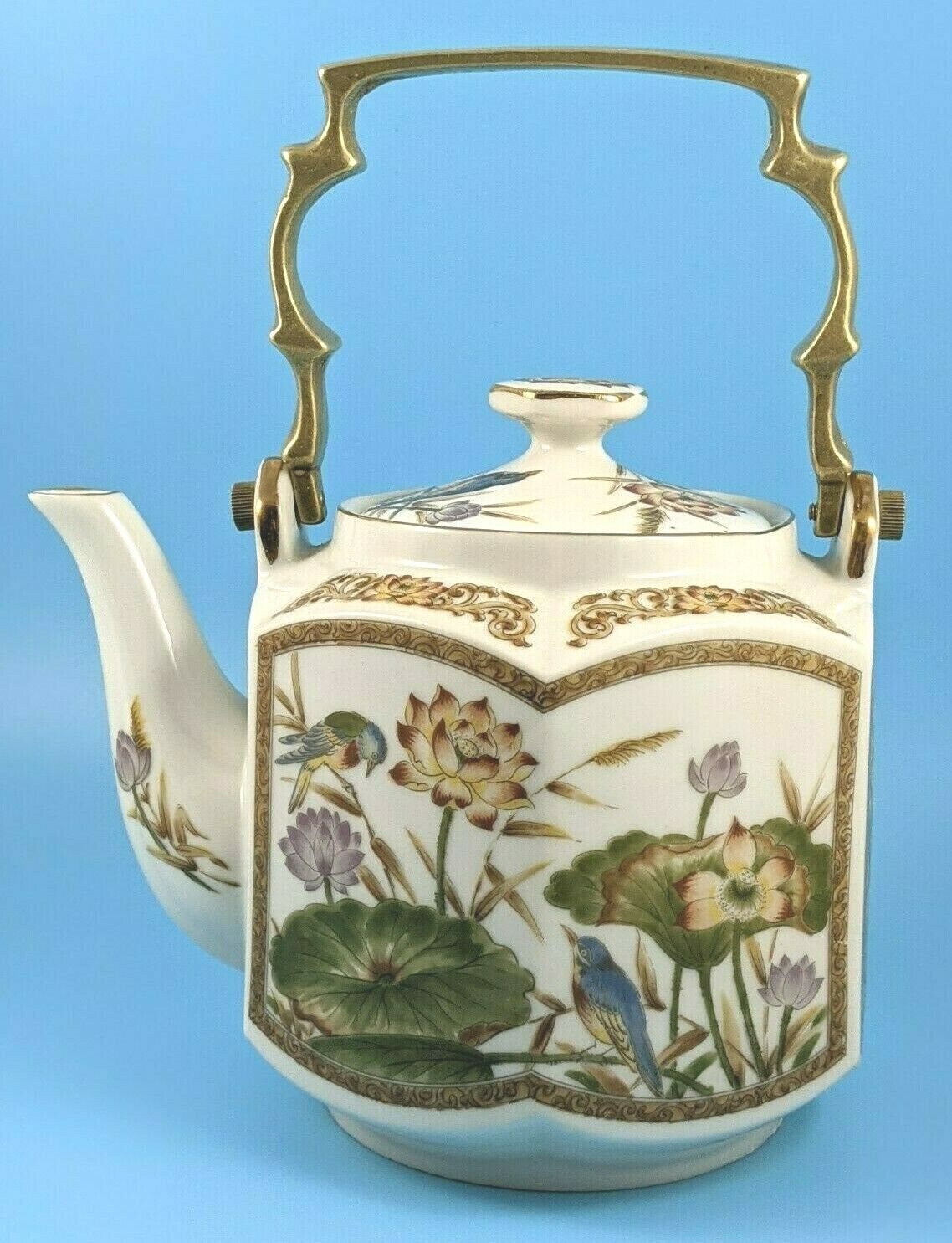 Vintage Porcelain Hexagonal Asian Teapot Brass Handle Japan