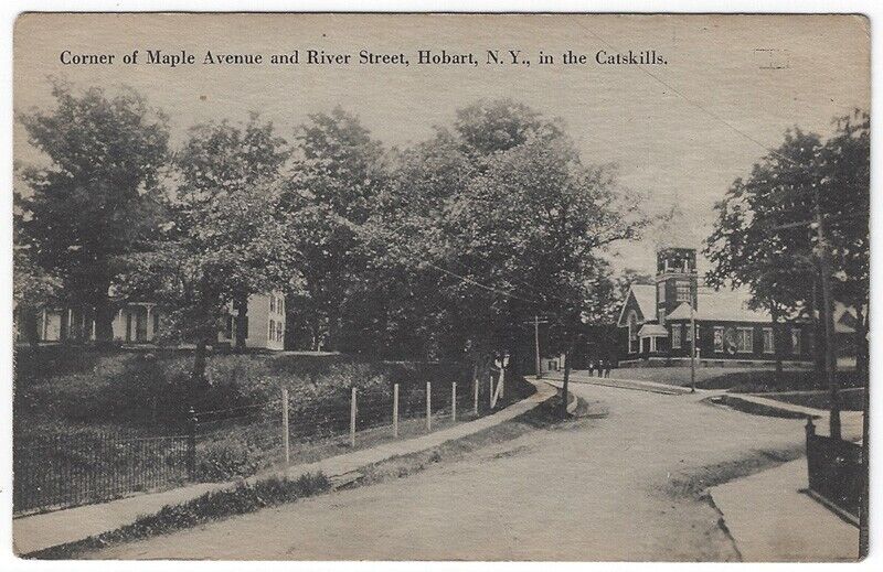 Hobart, New York, Vintage Postcard View of Corner of Maple Avenue and River St.
