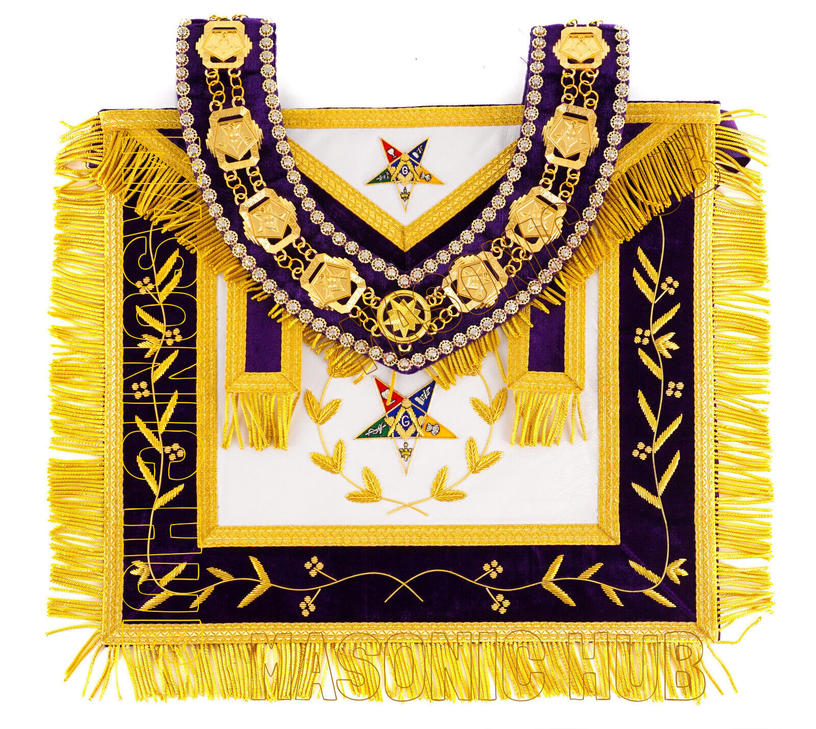 MASONIC OES GRAND PATRON 100% LAMBSKIN APRON HAND EMBROIDERED WITH CHAIN COLLAR