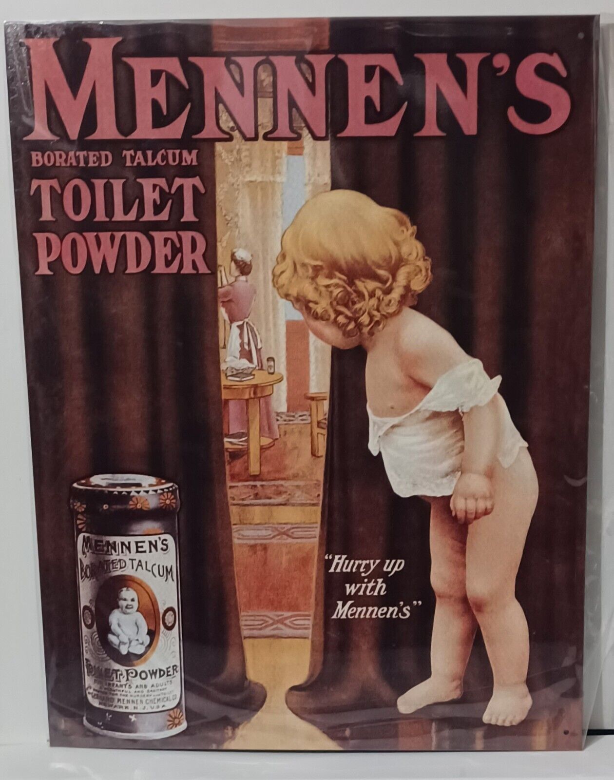 Retro Mennen\'s Borated Talcum Toilet Powder Metal Tin ADVERTISING SIGN 12 X 16