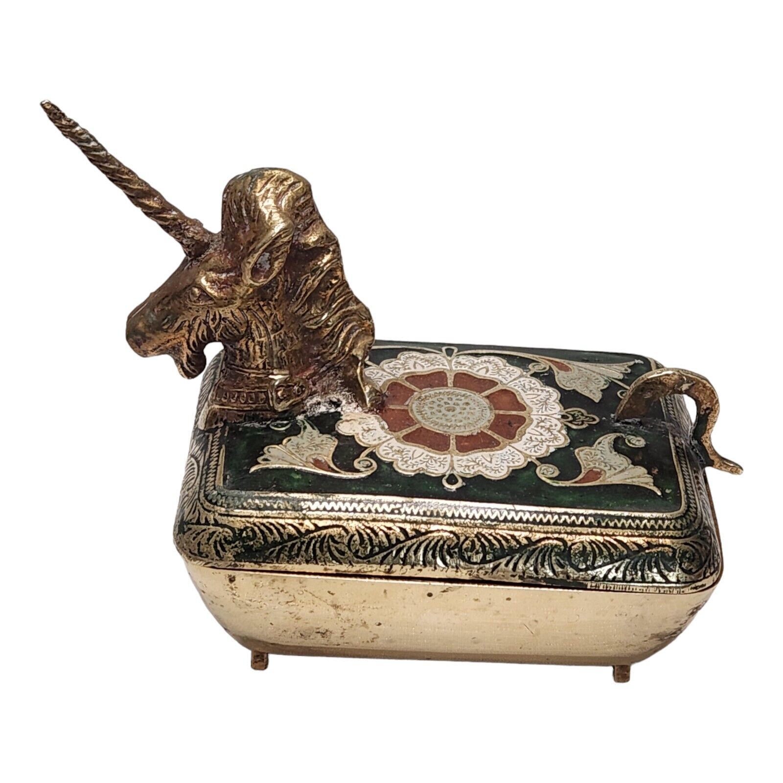 Brass Unicorn Trinket Box Dish Enameled Hinged Footed India Green Red Mandala