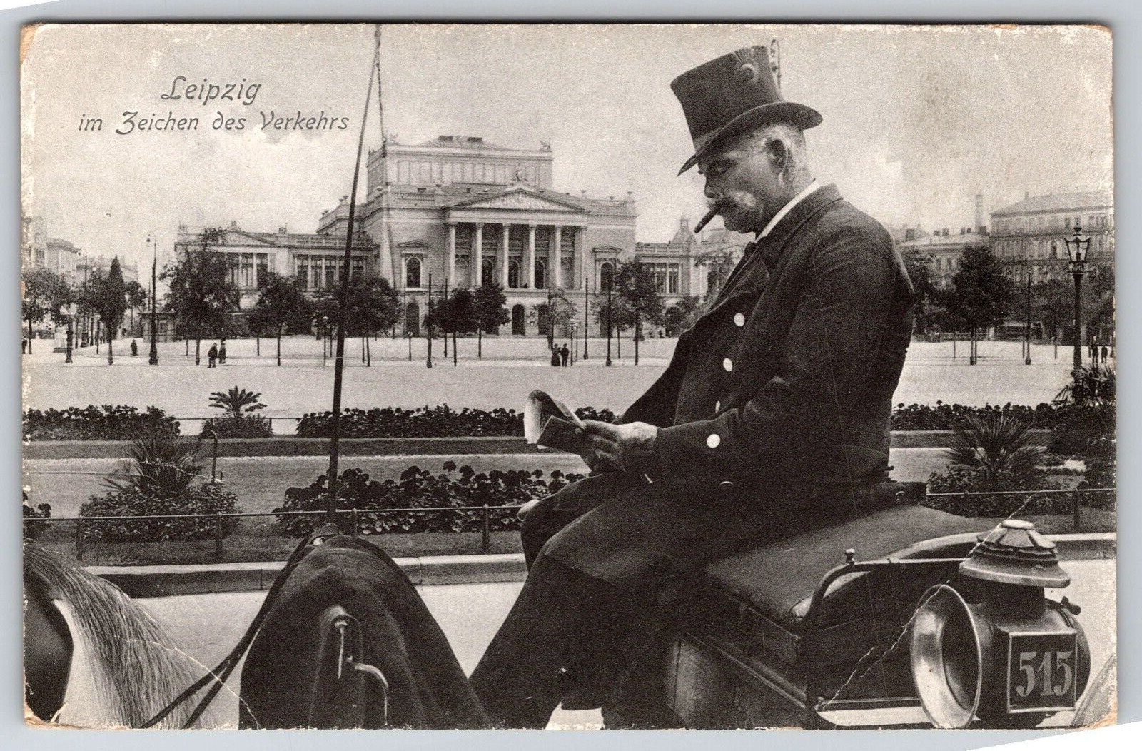 Postcard Leipzig im Zeichen des Verkehrs Man with Cigar Carriage