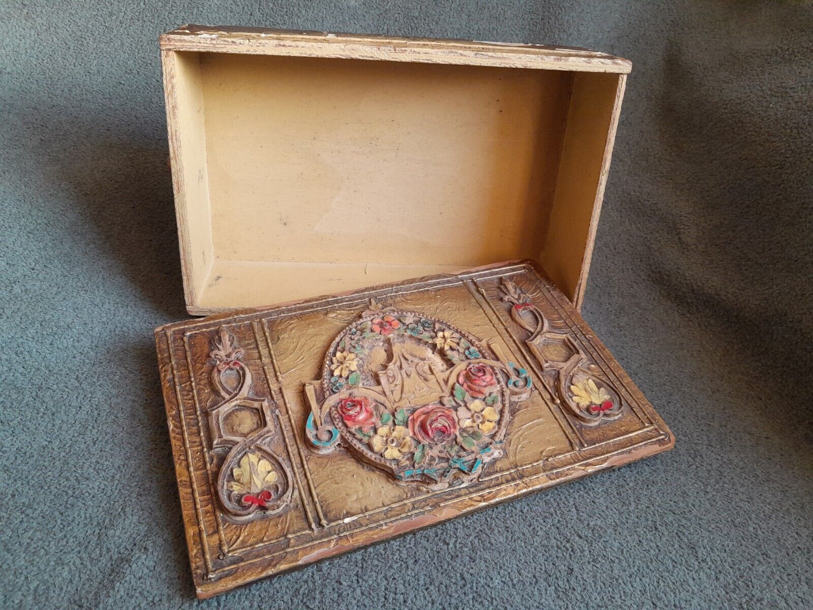 Rare Intricate Antique Wood Wedding Card Storage Gift Box 9.5x6.5x3.5