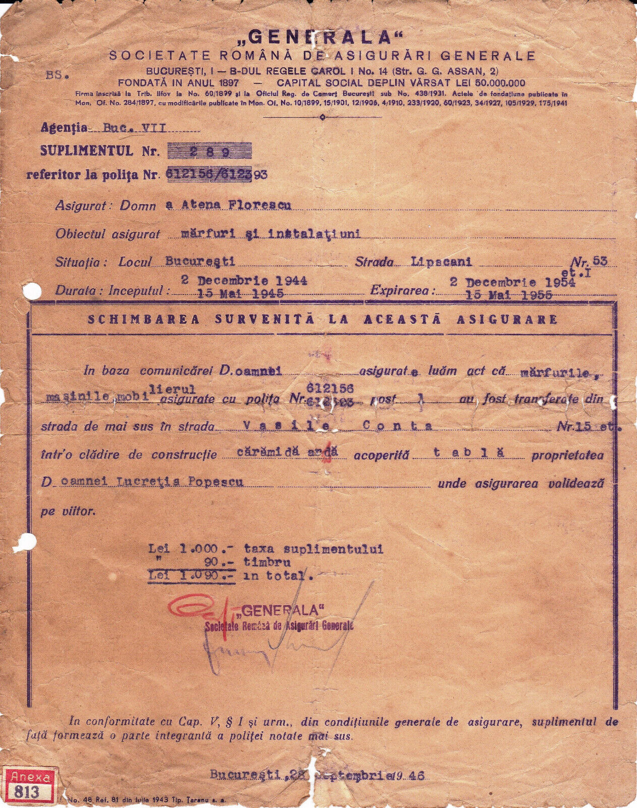 Romania, 1946, Vintage Insurance Certificate - \