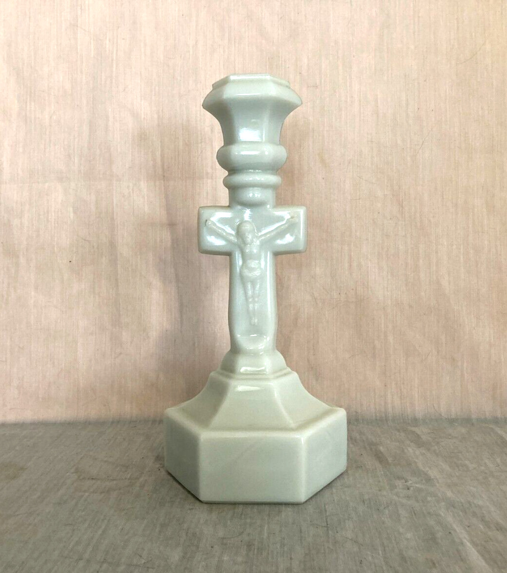 Vintage White Milk Glass Crucifix Cross Jesus Candlestick 9. 5\