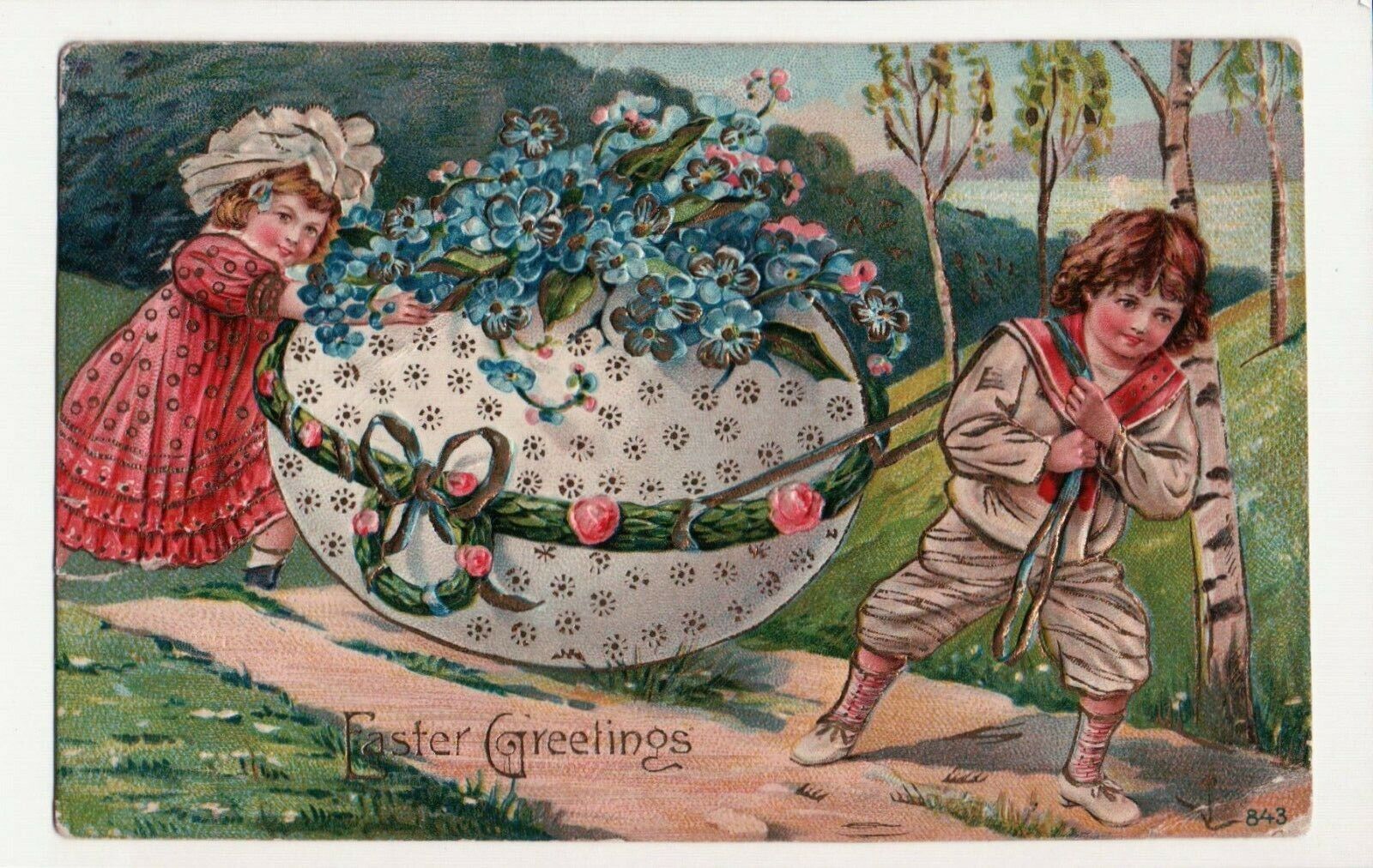 c1905 UDB Easter Greetings Oversized Egg Children Carry Embossed Gold Postcard