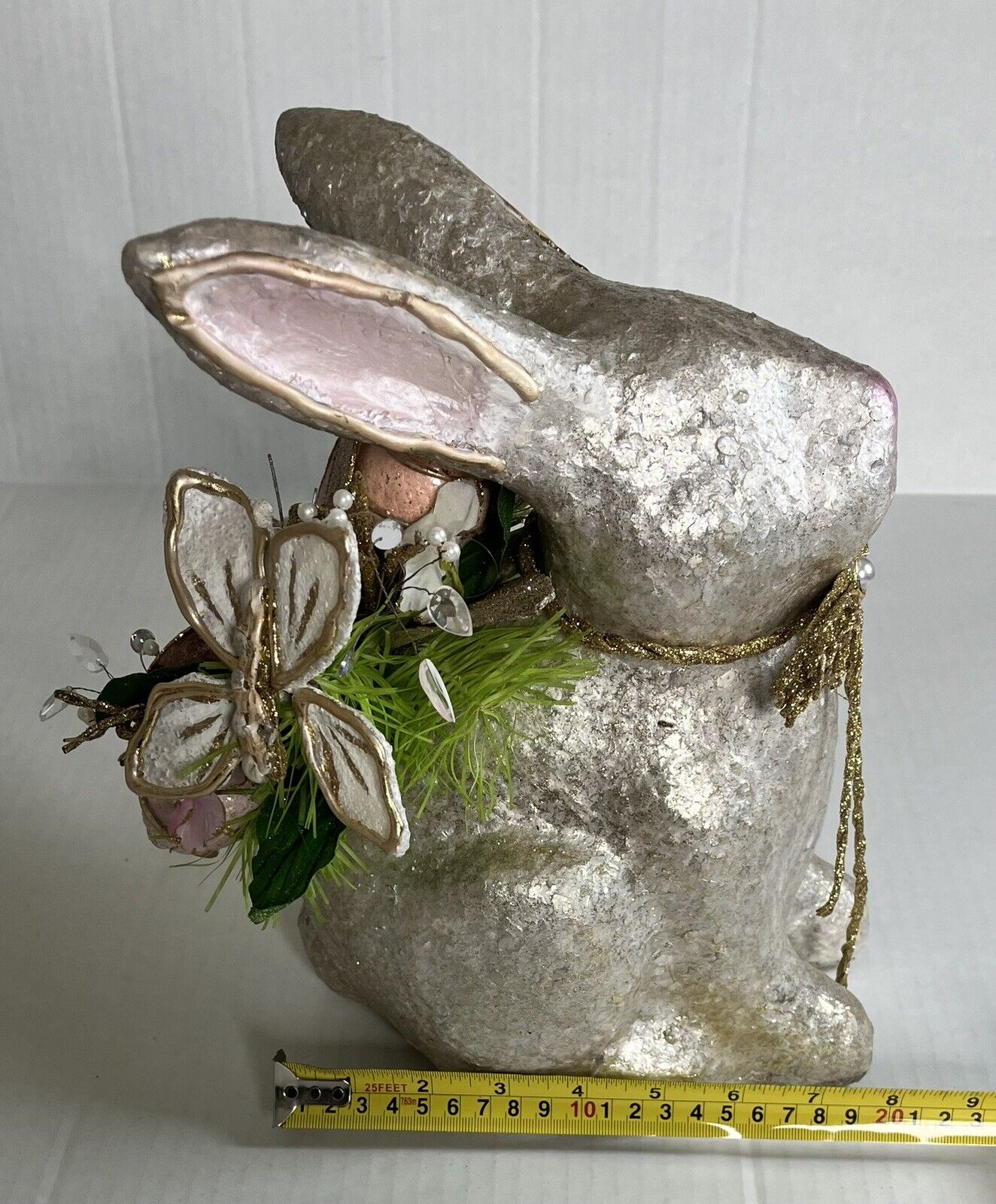 Handcrafted Capiz Shell Bunny Rabbit Jeweled Easter Flowers Figurine Decoration