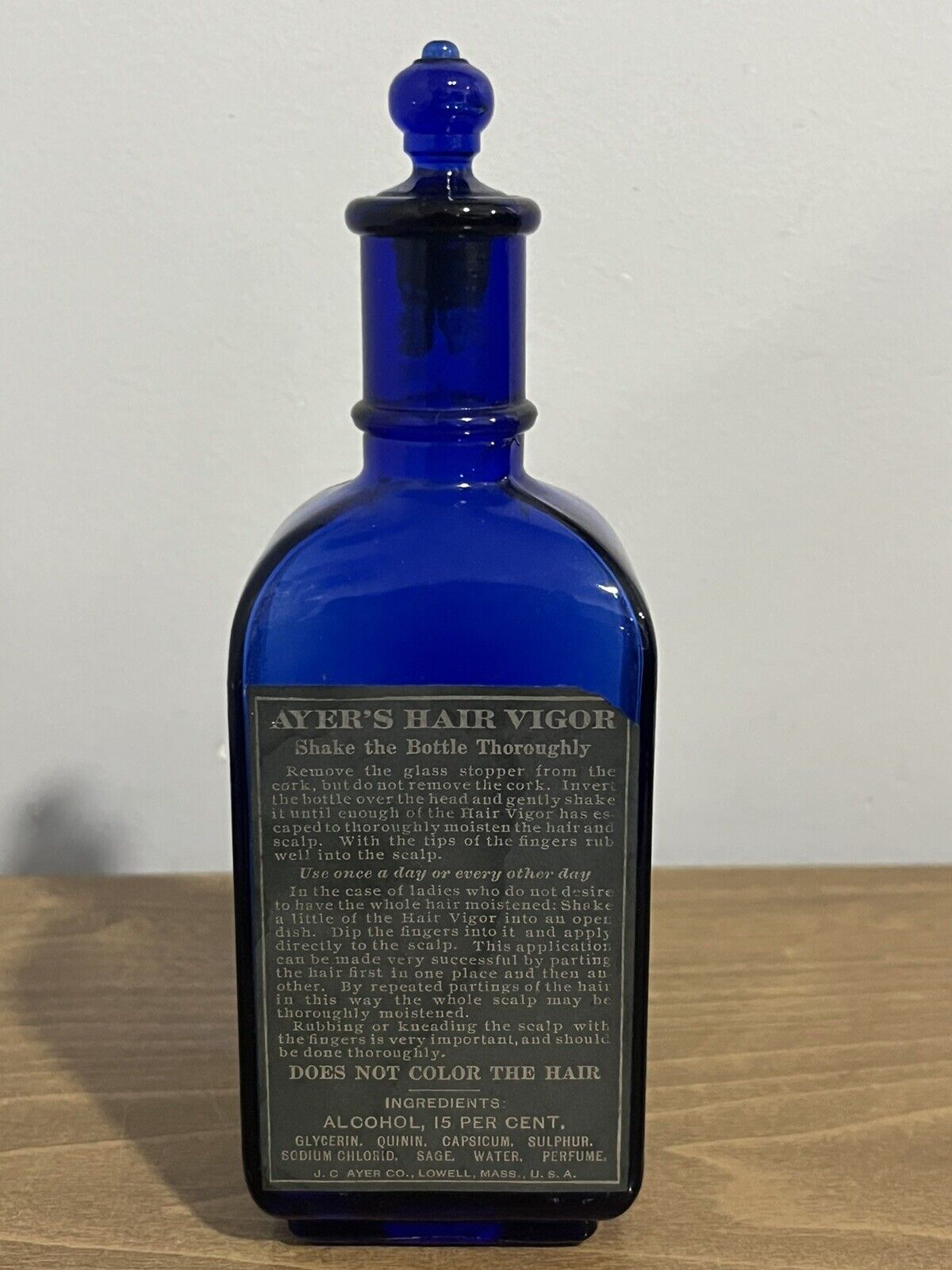 Antique/ Vintage Ayer’s Hair Vigor Cobalt Blue Glass Bottle With Stopper