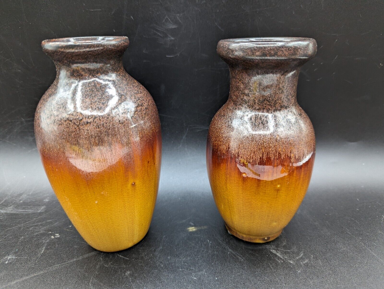 Yellow Gold Brown Drip Glaze Bud Vase Hosley Potteries Art Ceramic Set Of 2 MCM