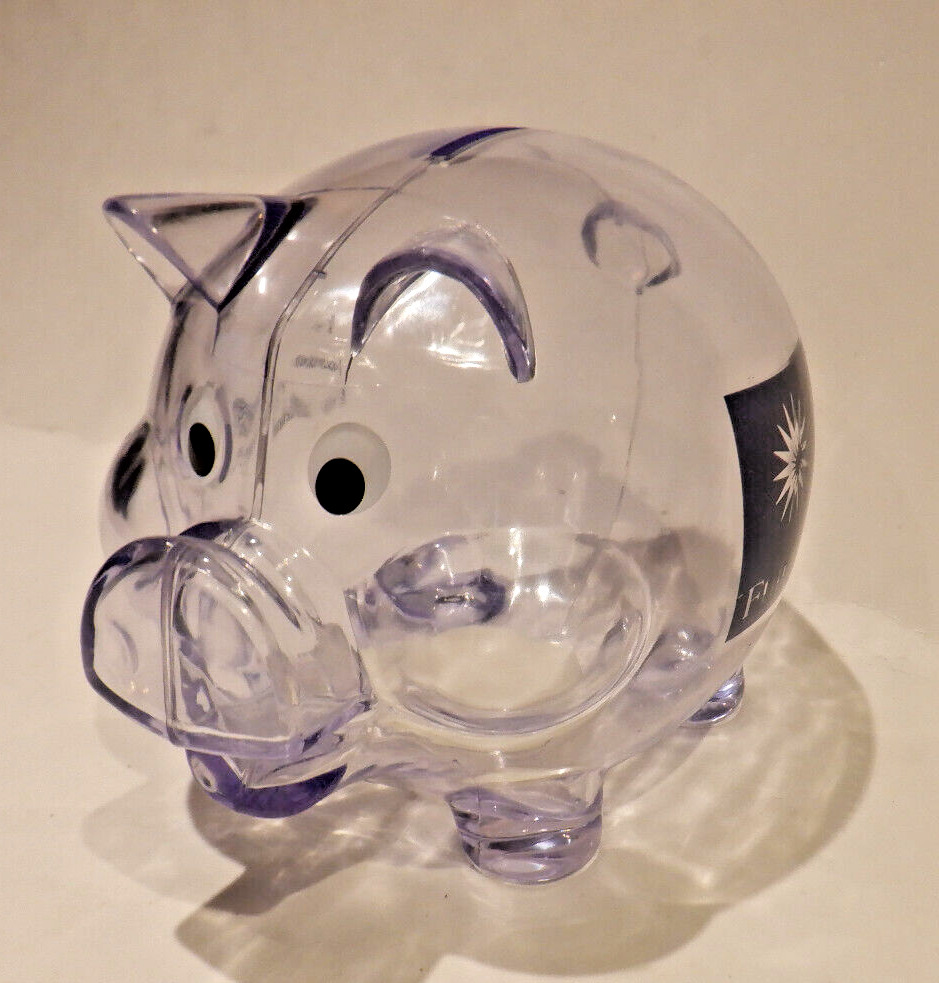 FUTURITY Clear plastic Pig Piggy Coin Bank Looking Forward to Retirement