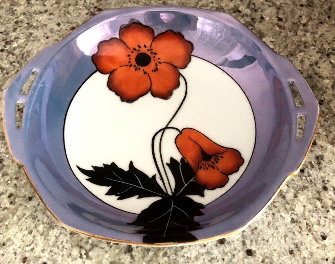 Noritake art deco blue luster and red stylized flower dish/bowl perfect