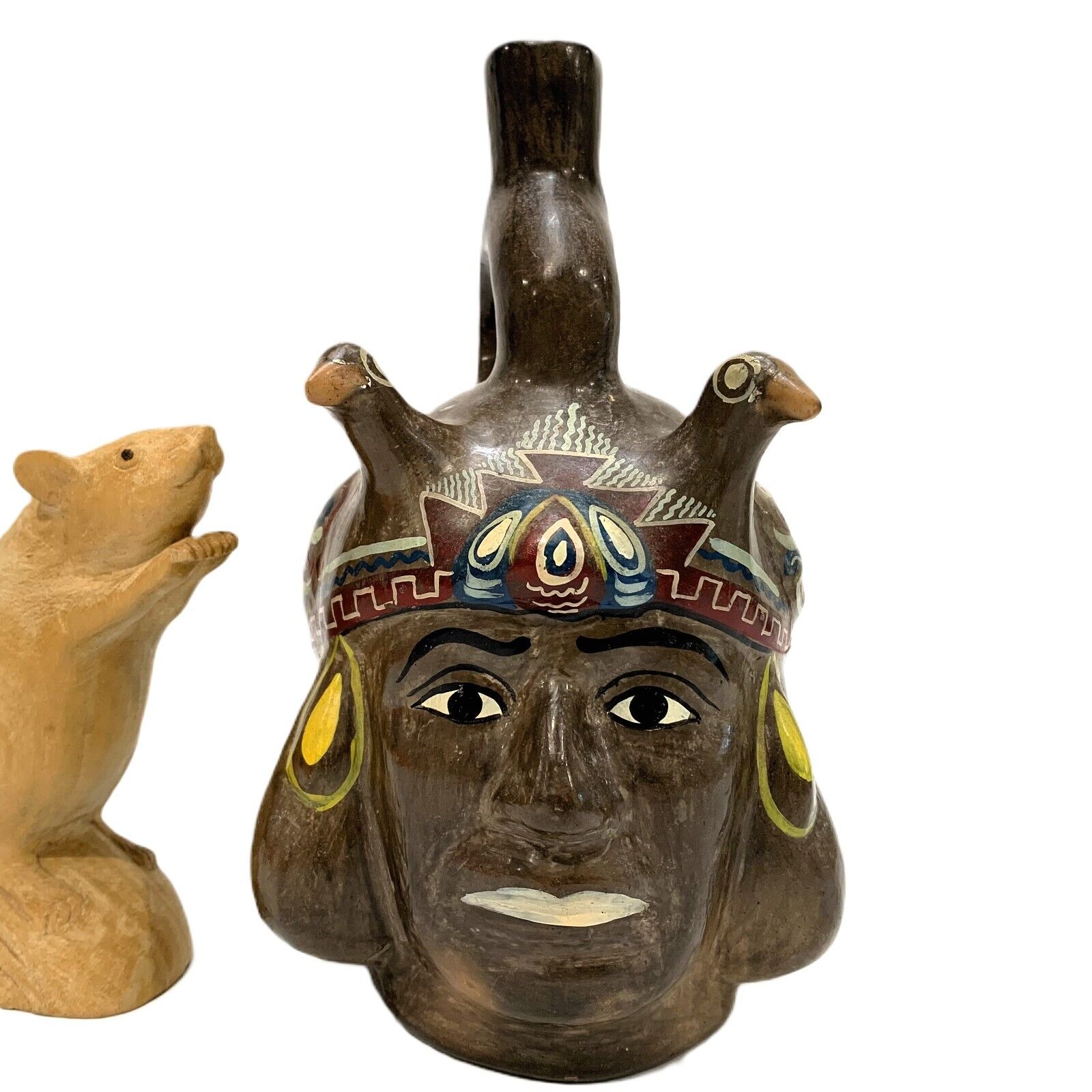 PERUVIAN MOCHE CULTURE Head 20cm Clay Painted Terracotta Stirrup Drinking Vessel