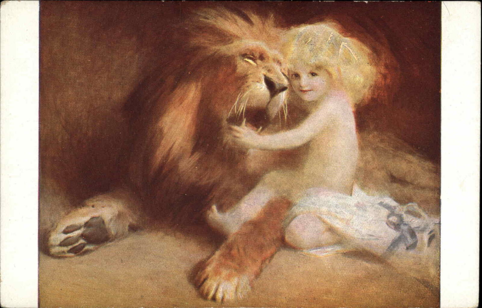 Tade Styka Child Hugging Roaring Lion Surreal Fantasy Vintage Postcard