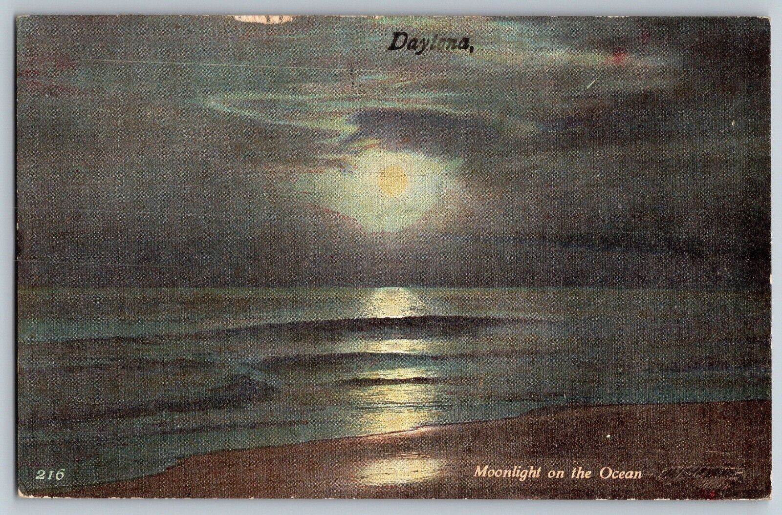 Daytona, Florida FL - Moonlight View on the Ocean - Vintage Postcard - Posted