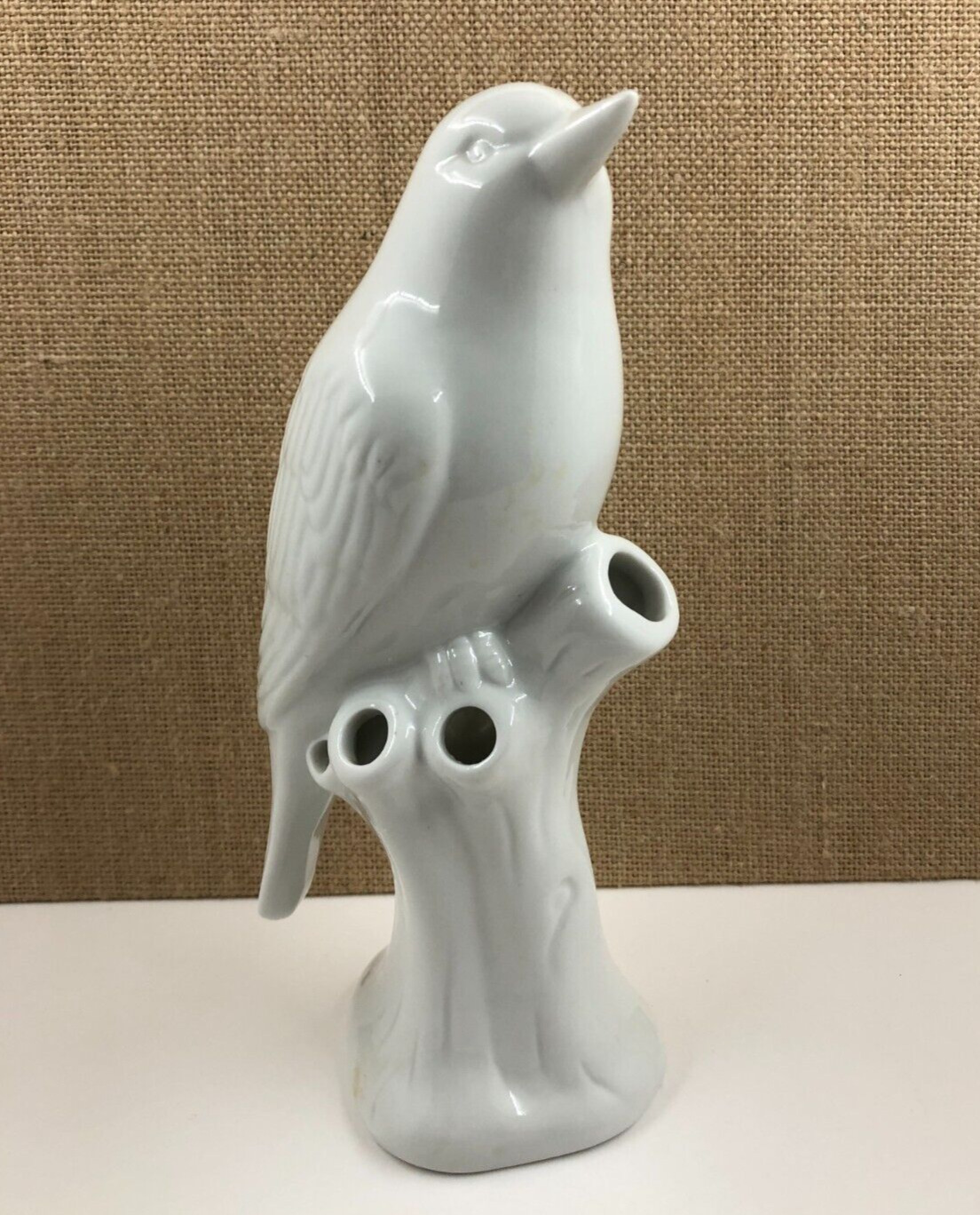 Porcelain Figural White Bird, Floral Frog Bud Vase, 5 openings