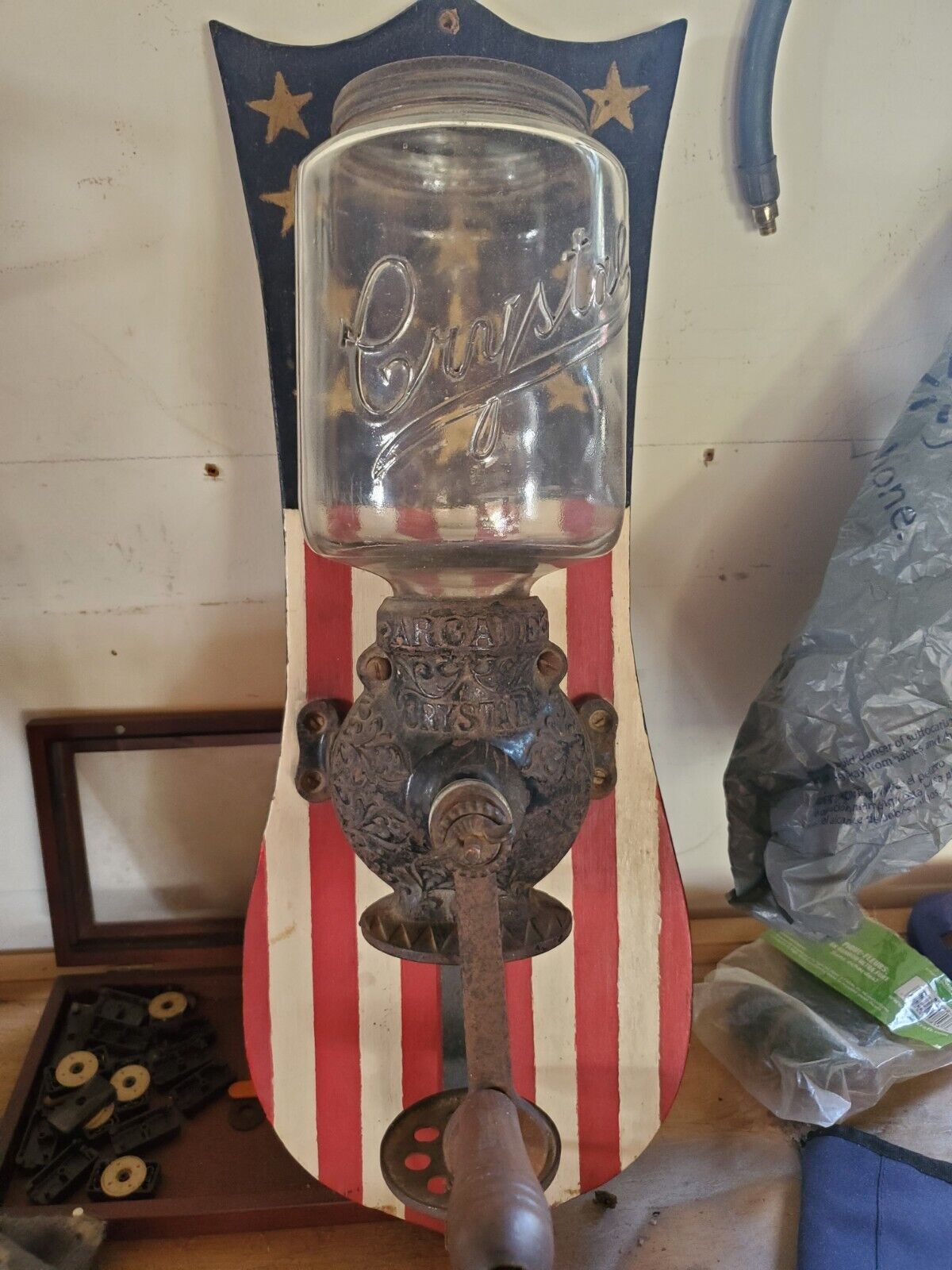 Antique ARCADE CRYSTAL No. 3 Wall Mount Cast Iron Coffee Bean Grinder, Catch Cup
