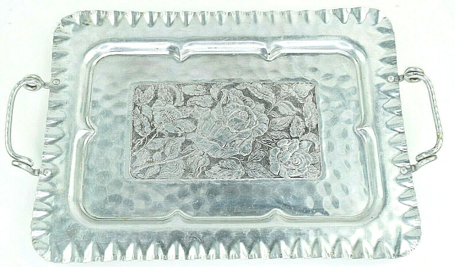 Vintage Cromwell Aluminum Serving Tray Hand Wrought Floral Design 1950s 