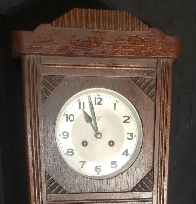 FMS Edwardian Mauthe German Antique Pendulum Wall Clock- Wooden w/ Beveled Glass