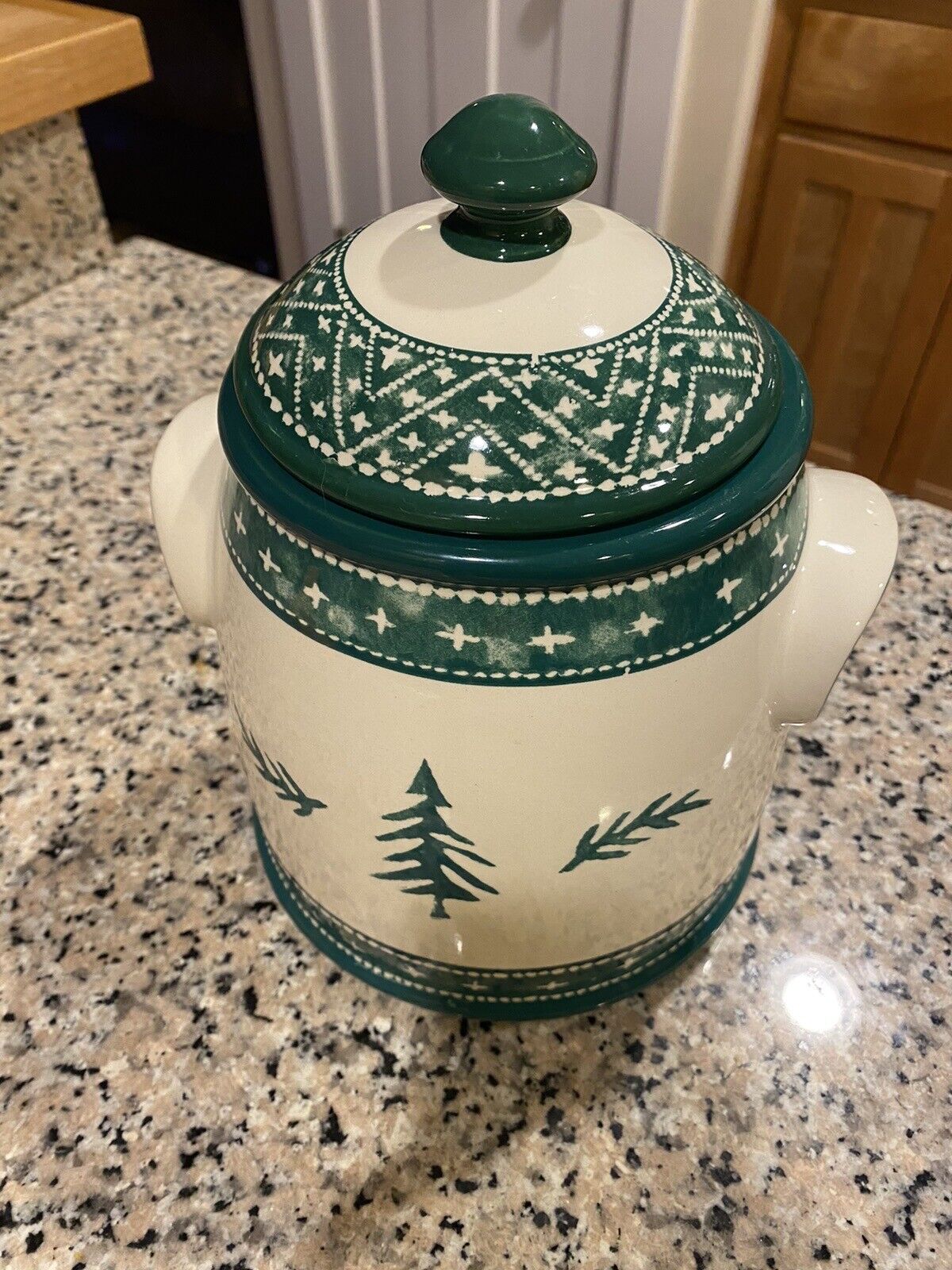 Dansk Nordic Knits Green Tree Ceramic Cookie Jar Green & White RARE