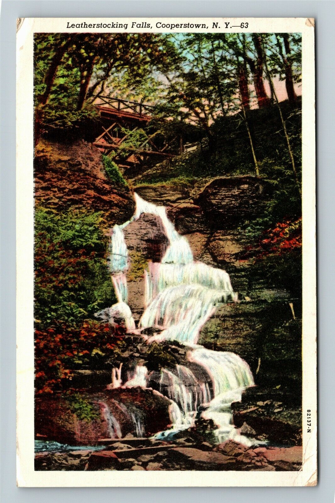 Cooperstown NY-New York, Scenic Leatherstocking Falls, Bridge, Vintage Postcard