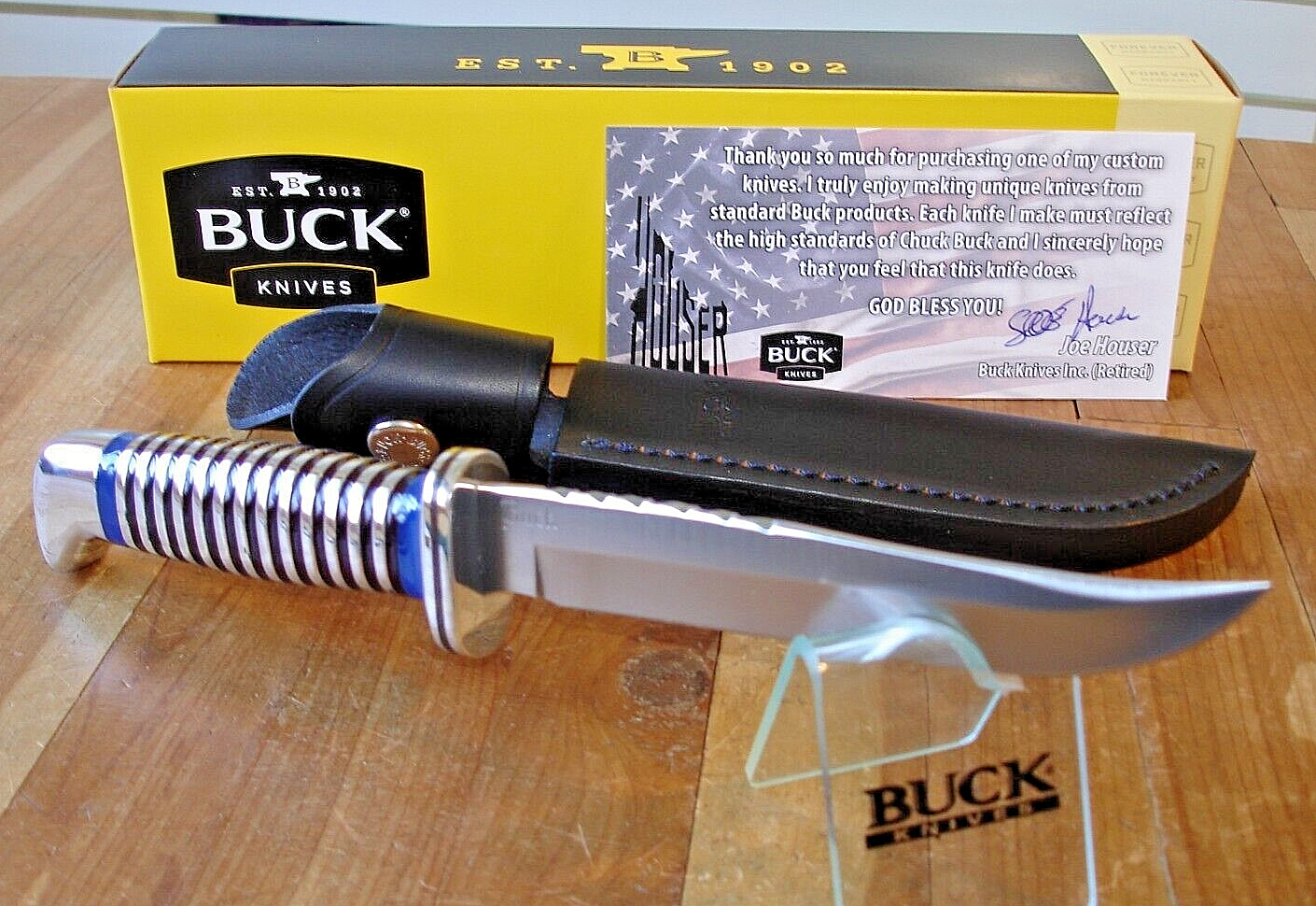 JOE HOUSER CUSTOM BUCK KNIFE 105 PATHFINDER GRILL HANDLE D2 STEEL BLADE SHEATH
