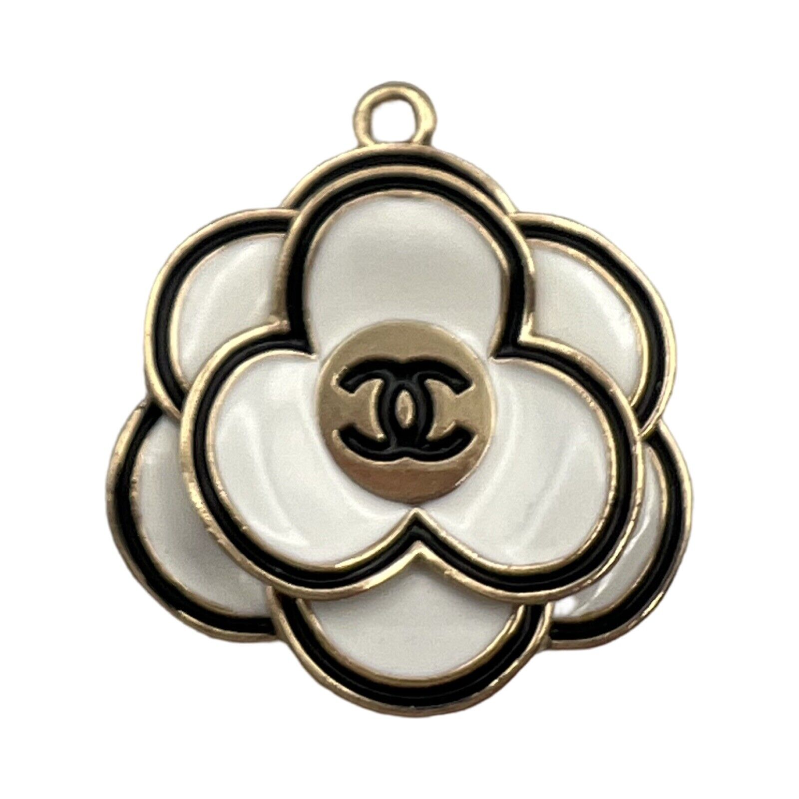 Stamped CHANEL Camelia Zipper  Pull Button Charm Black , White & GoldFlower 30mm