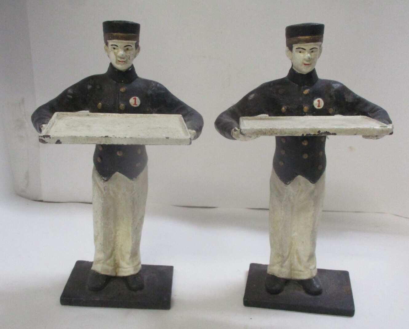 2 VINTAGE/REPRODUCTION CAST IRON WAITER BELLHOP BELL BOY CARD HOLDERS FIGURINES
