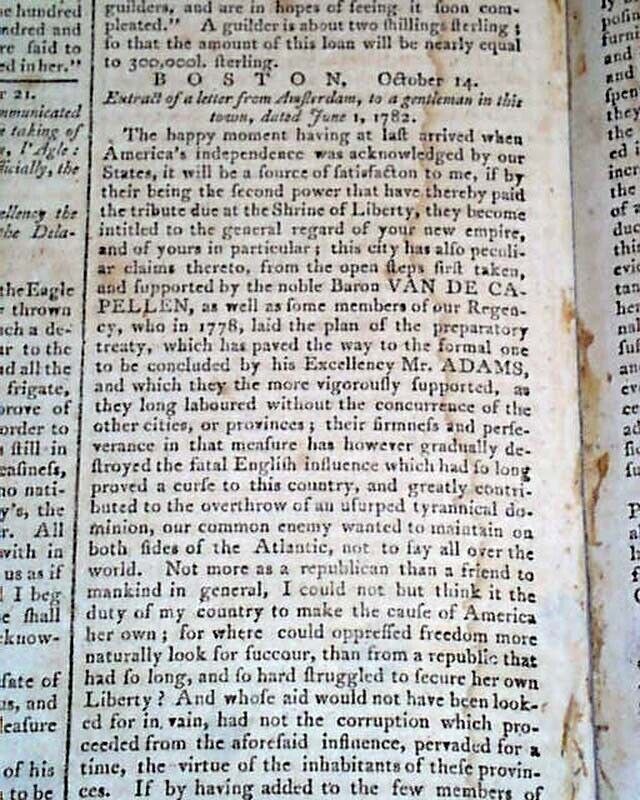 Rare REVOLUTIONARY WAR Closing Events Savannah Georgia 1782 American Newspaper