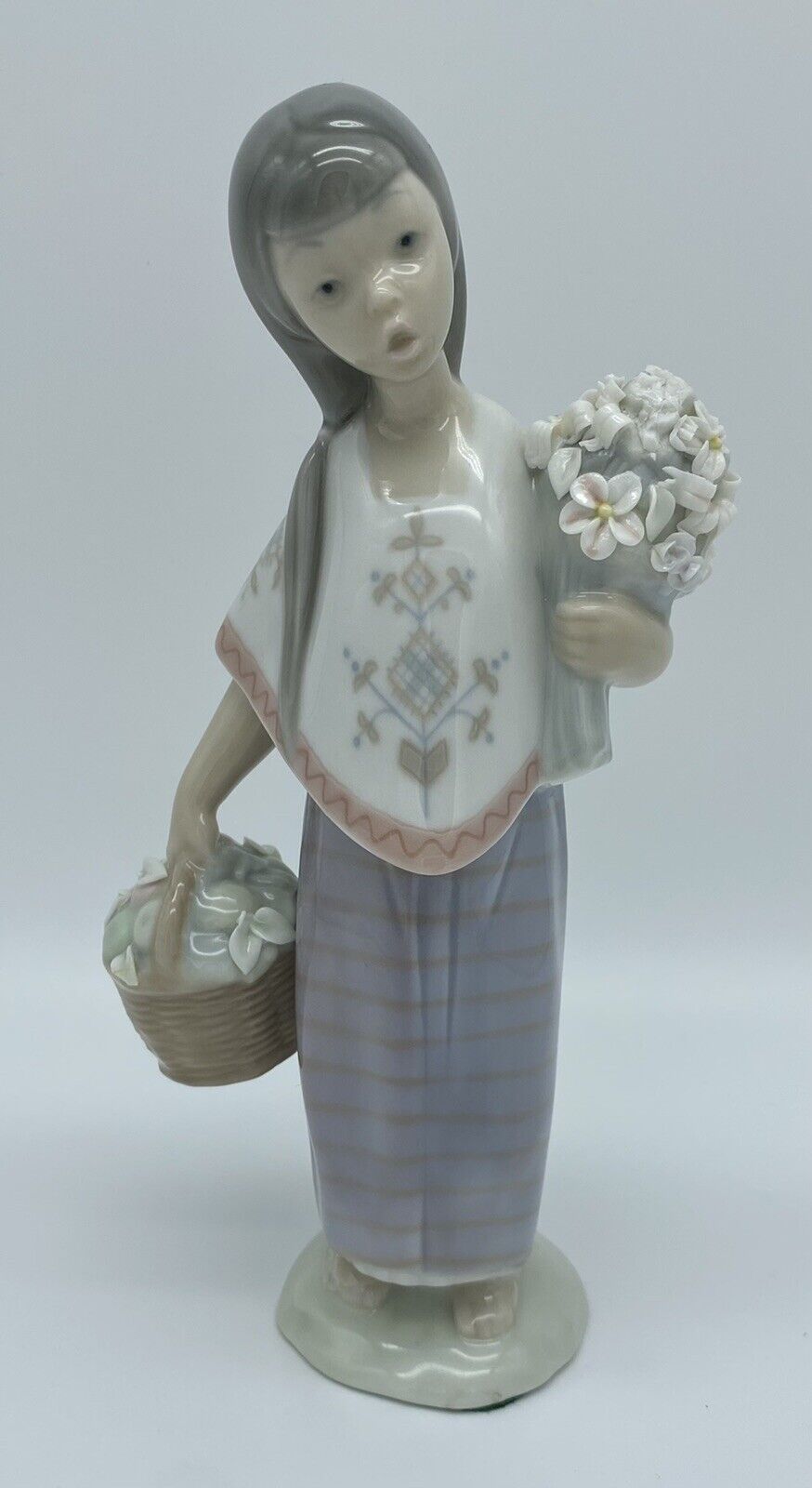 Vintage Lladro Girl Handmade In Spain Lupita Flower Bouquet/Apple Basket *READ*