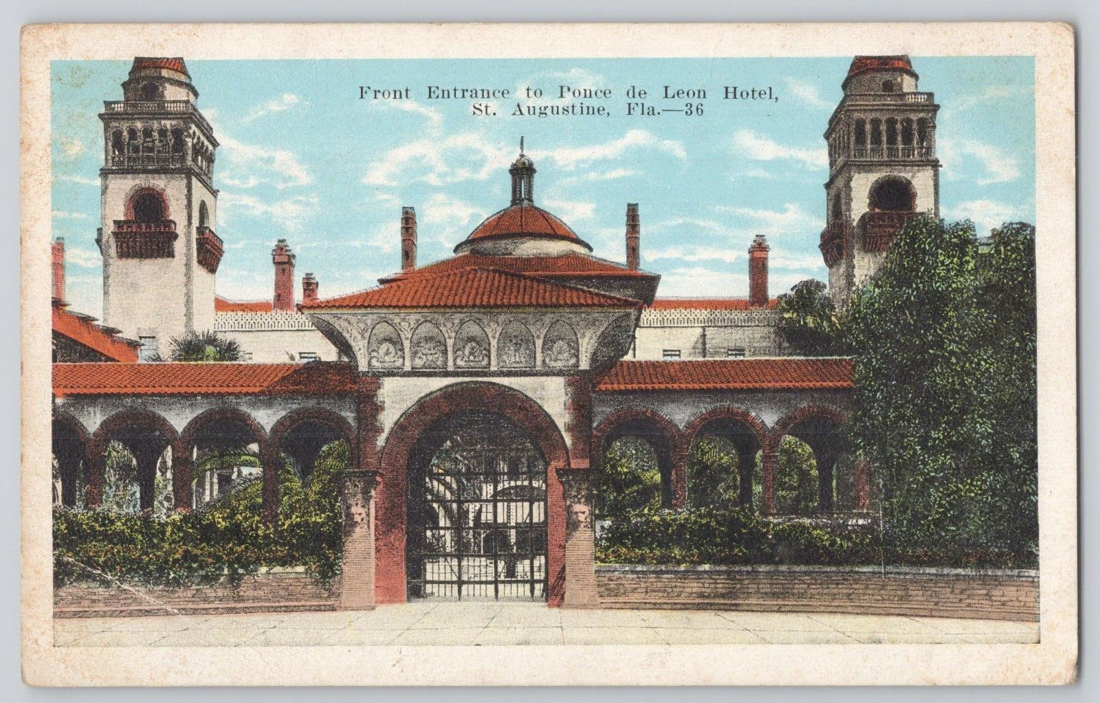 Postcard Front Entrance To Ponce De Leon Hotel, St. Augustine Fla