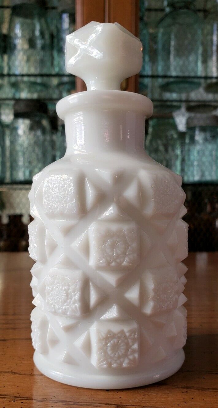 Antique Westmoreland White Milk Glass Ornate Quilt Vanity Dresser Perfume Bottle