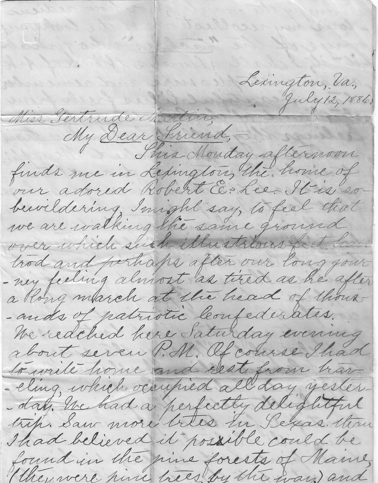 Letter Offers Admiration For Lee, Patriotic Confederates, Natural Bridge
