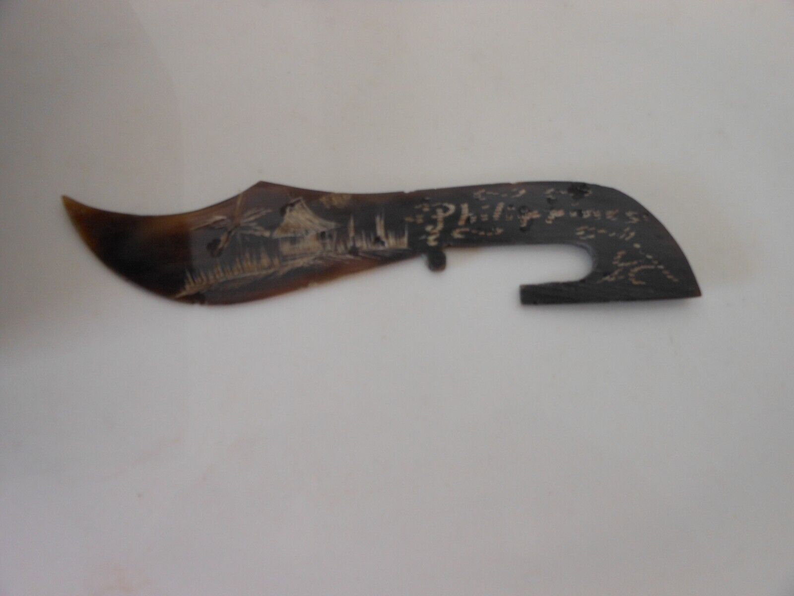 Philippines Travel Souvenir: Plastic/Bone Knife Shaped w/Engraved Drawing