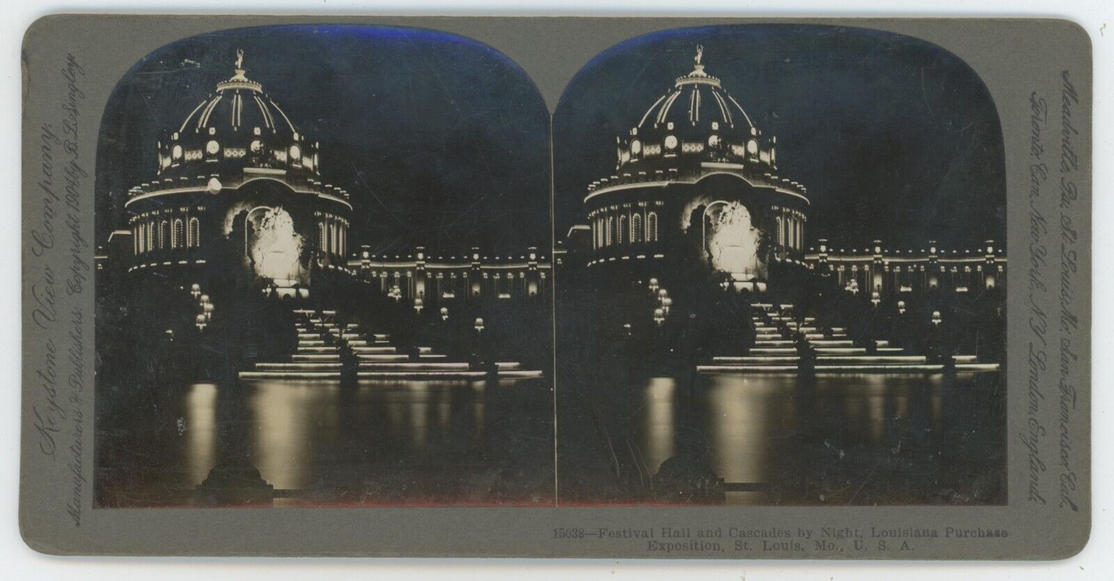 c1900's Real Photo Stereoview Festival Hall By Night LP Exposistion St. Louis MO
